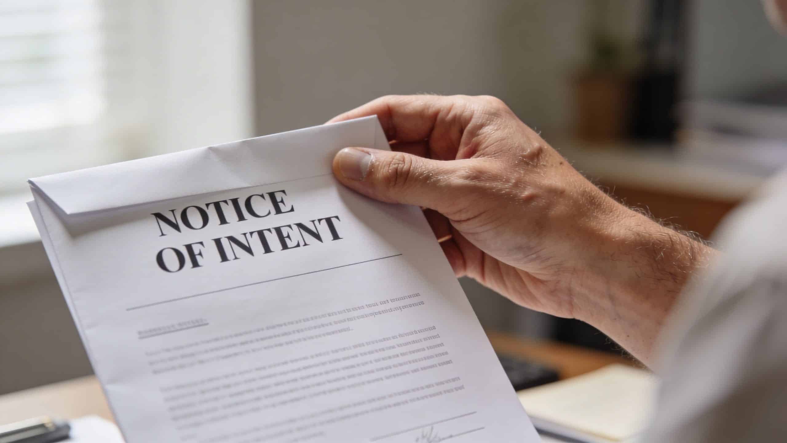 Hand holding a Notice of Intent document on a desk.