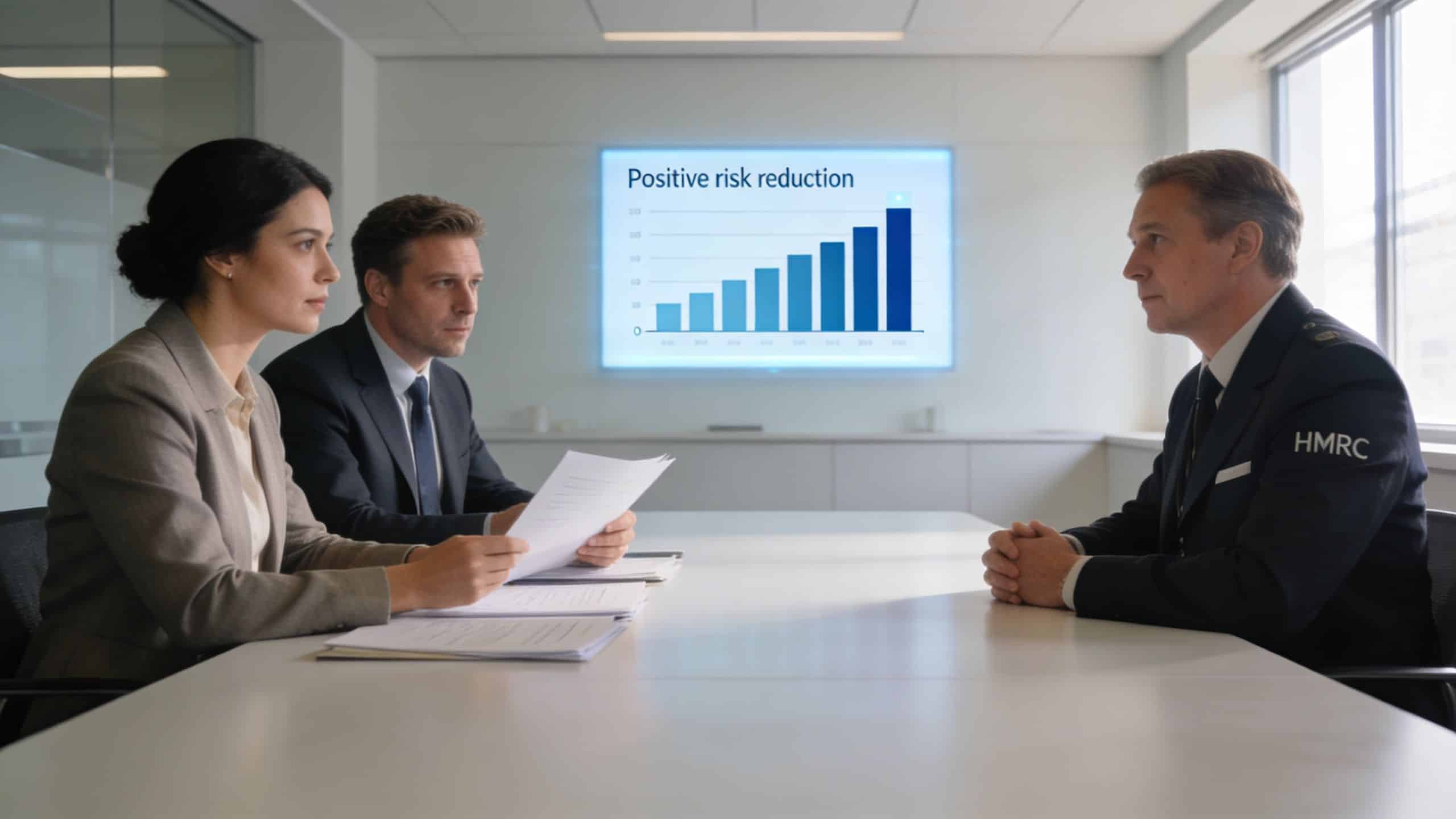 A professional business meeting featuring two people analyzing a risk reduction graph displayed on a monitor.