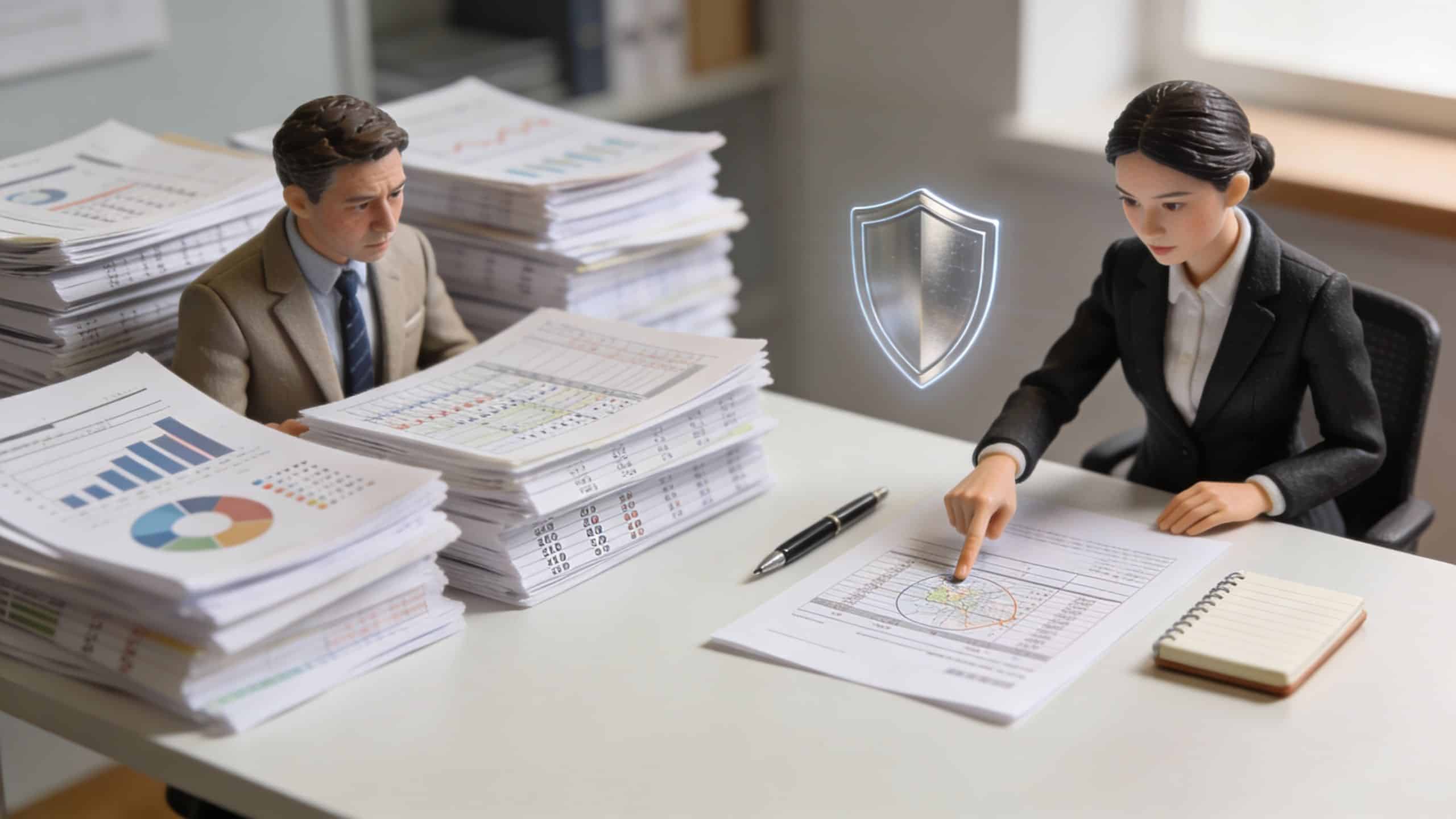 Two miniature business figures working on stacks of financial documents and tax records at an office desk.