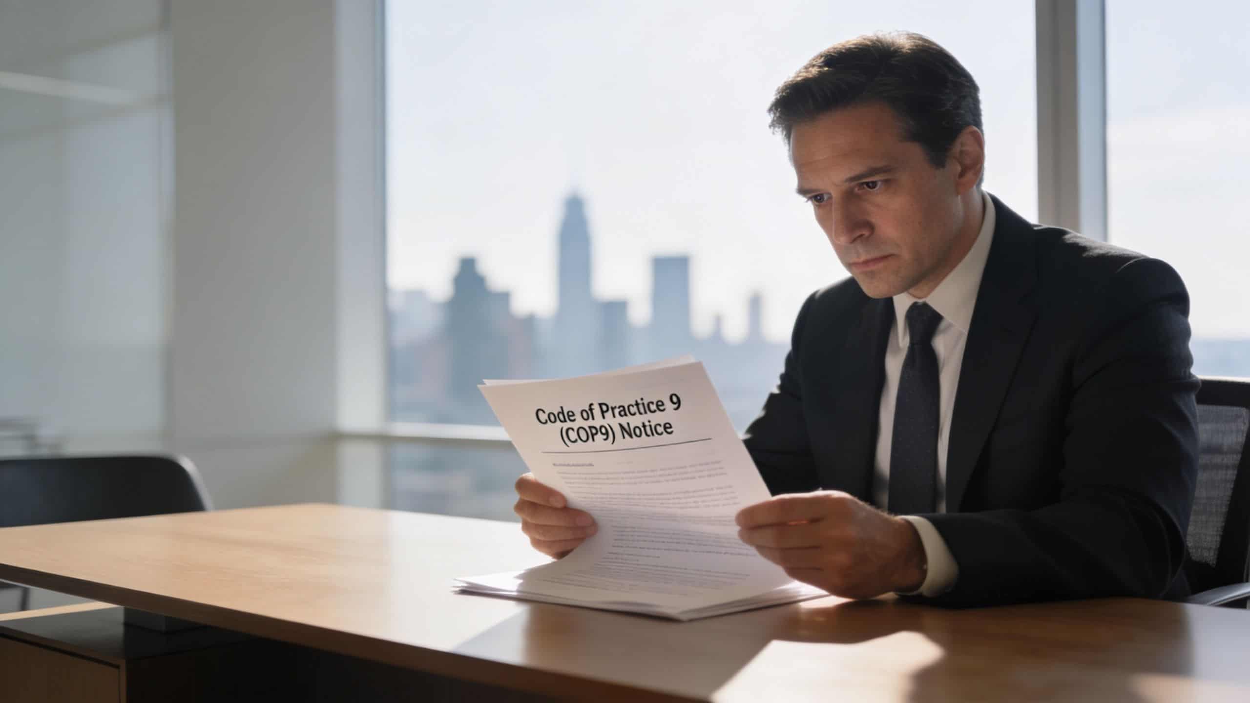 A serious businessman in a suit reviewing a formal Code of Practice 9 (COP9) tax document.