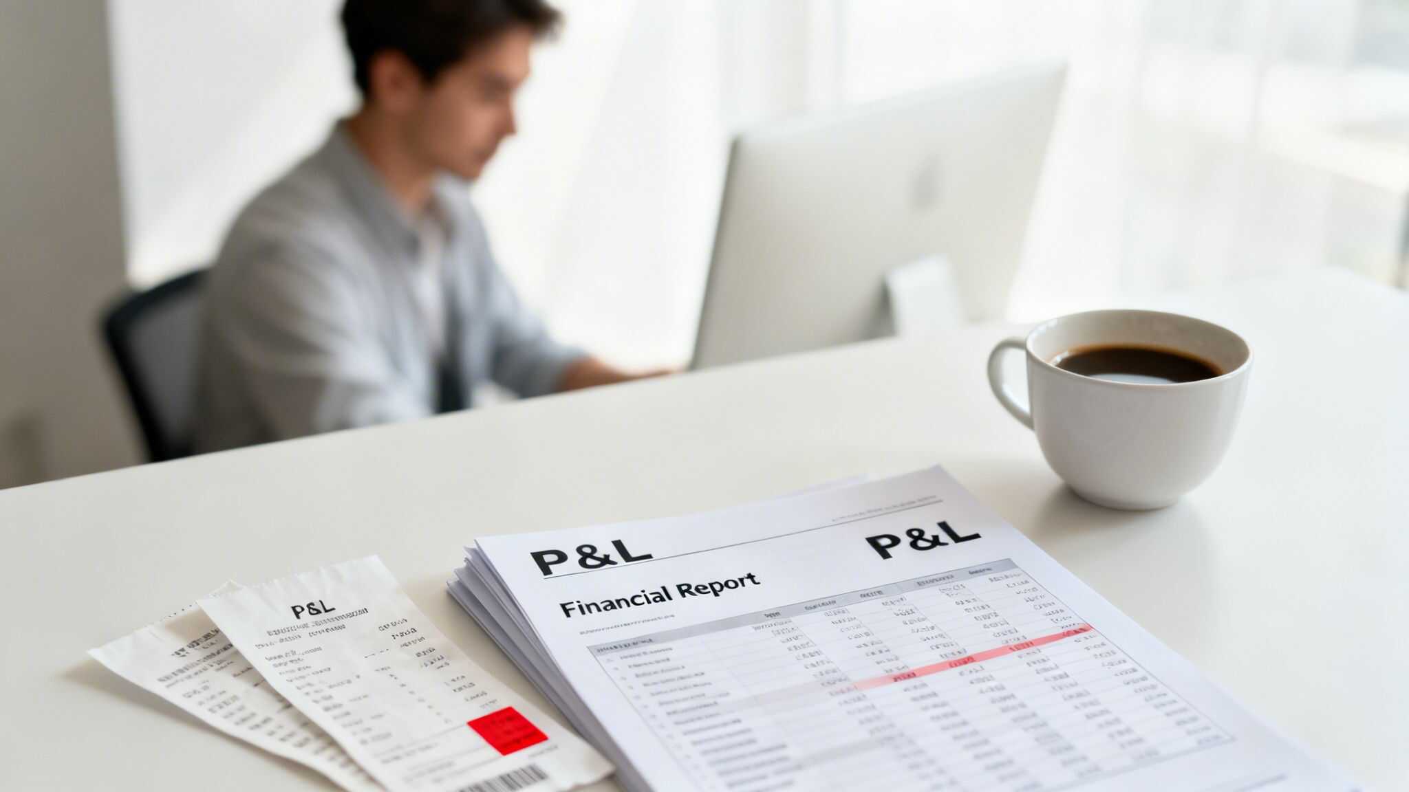 Business professional reviewing earnings report at desk.