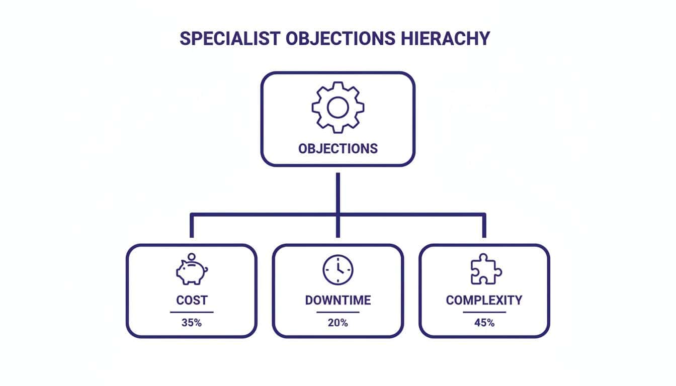 A hierarchy diagram showing specialist objections: Cost (35%), Downtime (20%), and Complexity (45%).