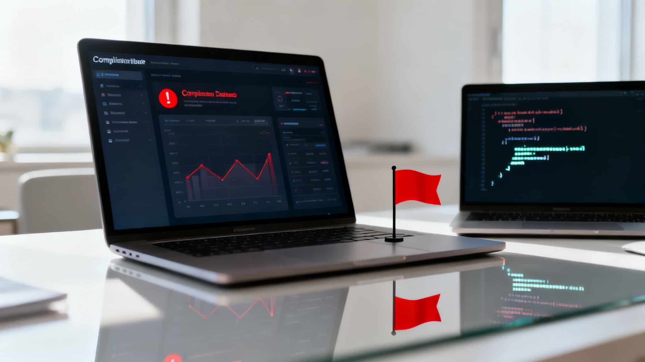 Laptops on a desk displaying a compliance dashboard with red alert, data graph, and code.