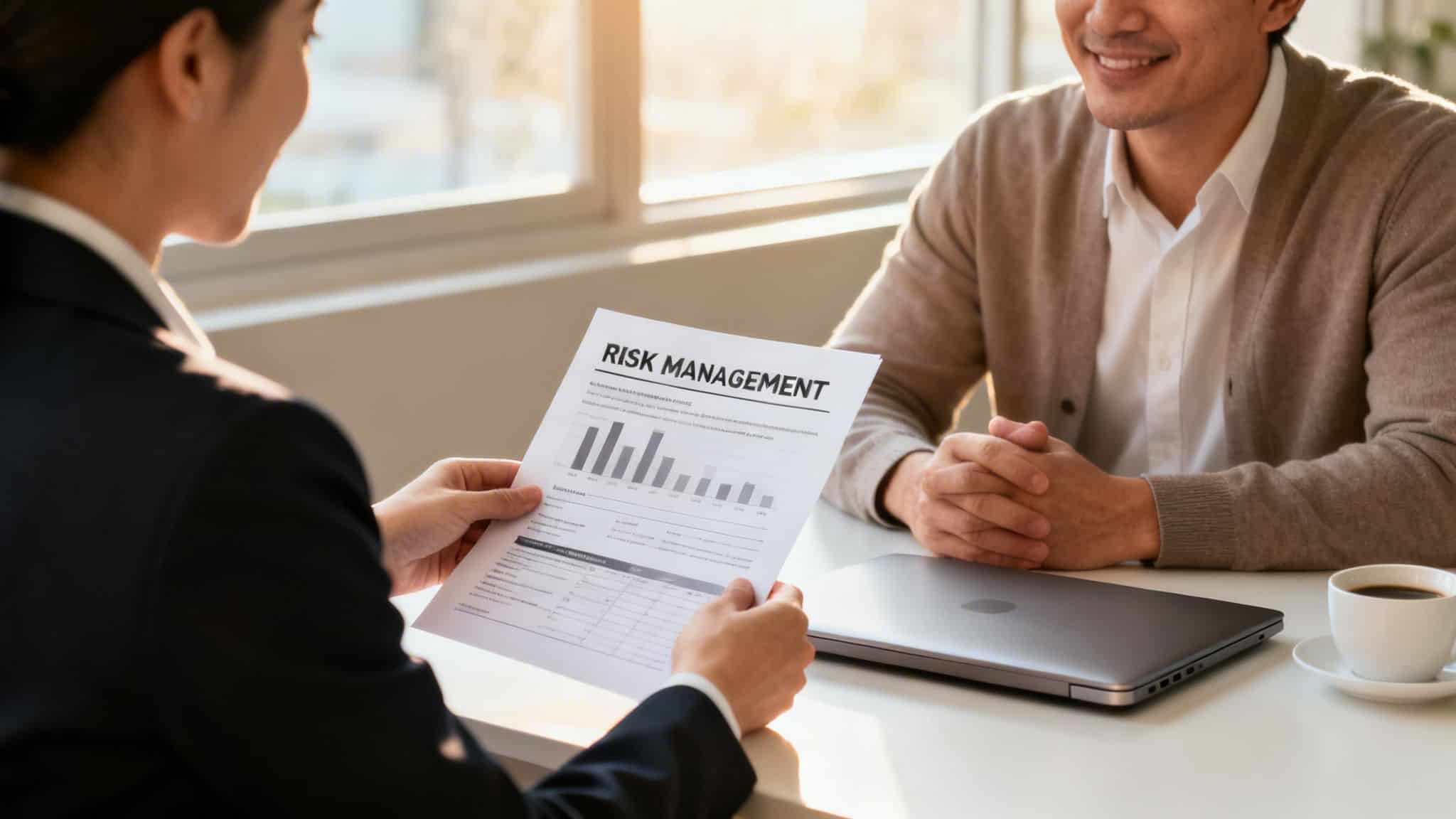 Business meeting with risk management consultant discussing strategies.