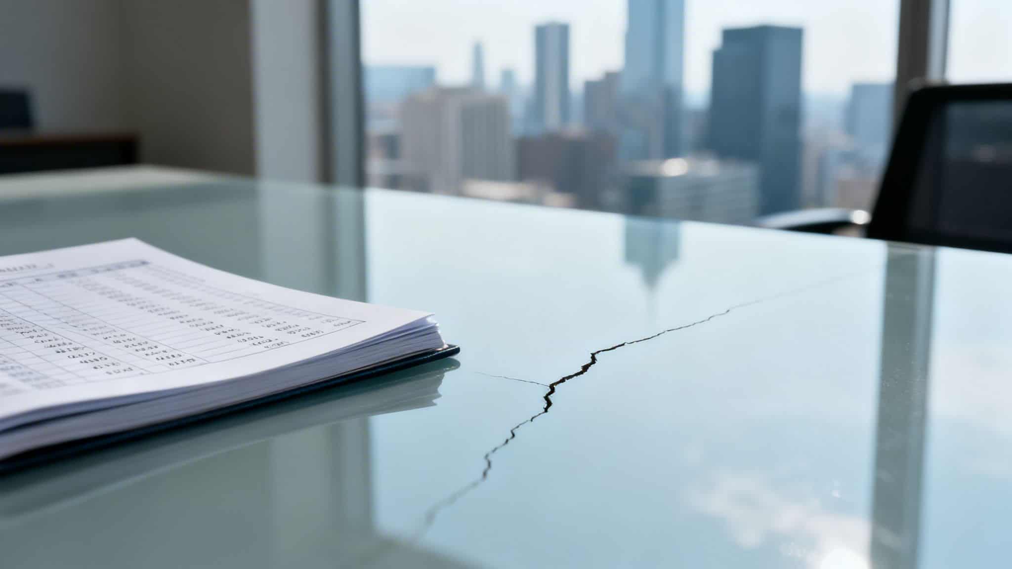 Modern office with cracked glass table and city skyline view.
