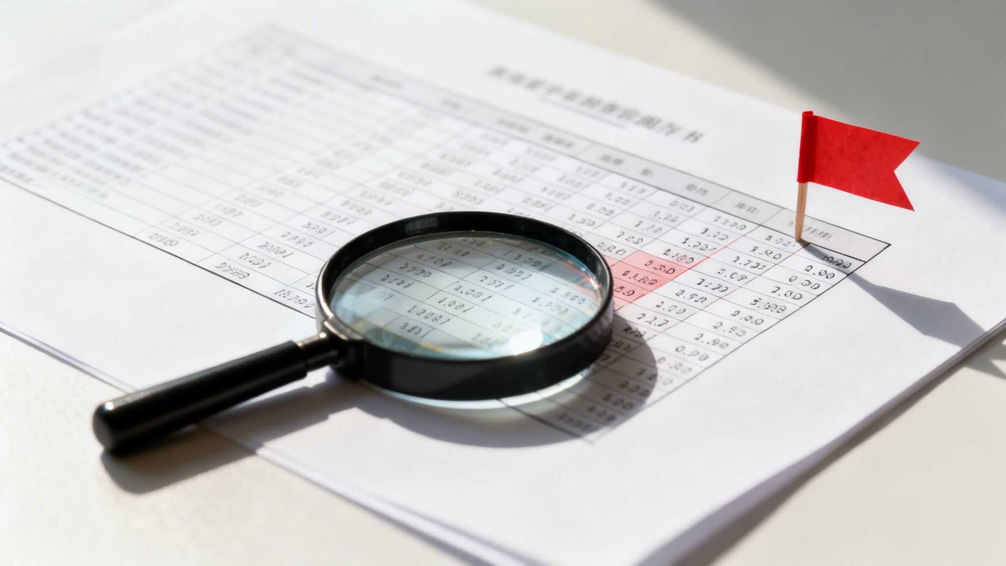 Risk management report with magnifying glass and flag on data sheet.