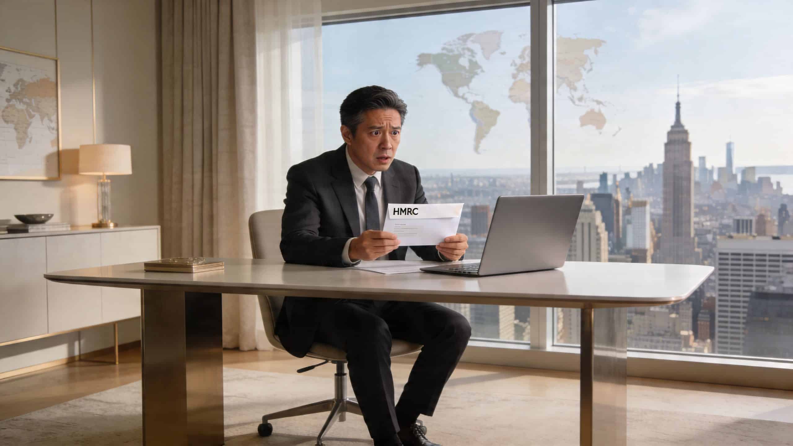 A concerned businessman sitting at an office desk looking at an official HMRC tax correspondence letter.