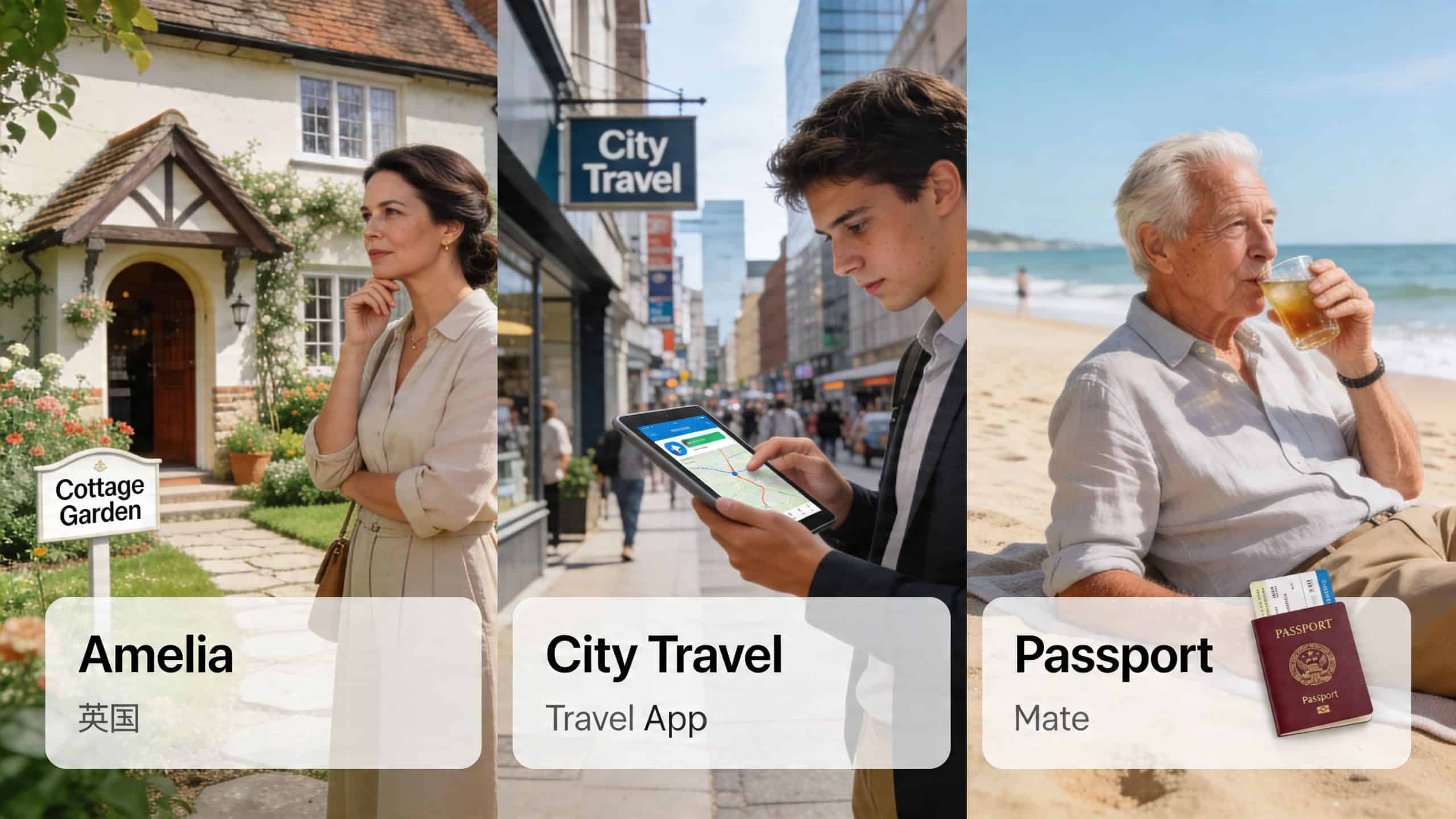A triptych showing a woman near a cottage, a man using a map app, and a man at the beach.