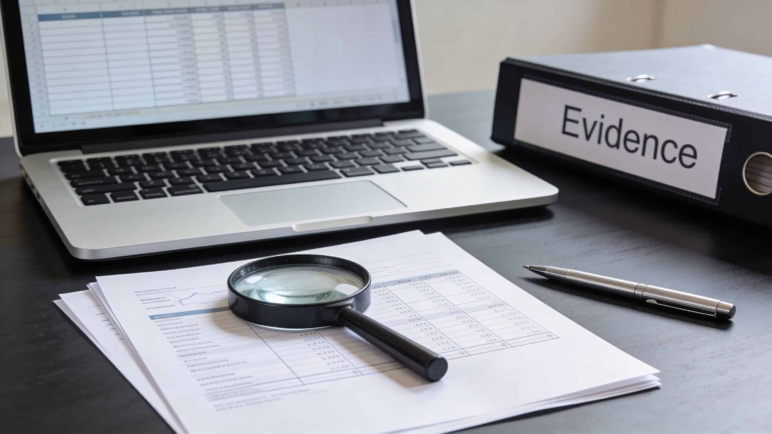 A magnifying glass sits on a financial report beside a laptop and an evidence binder on a desk.