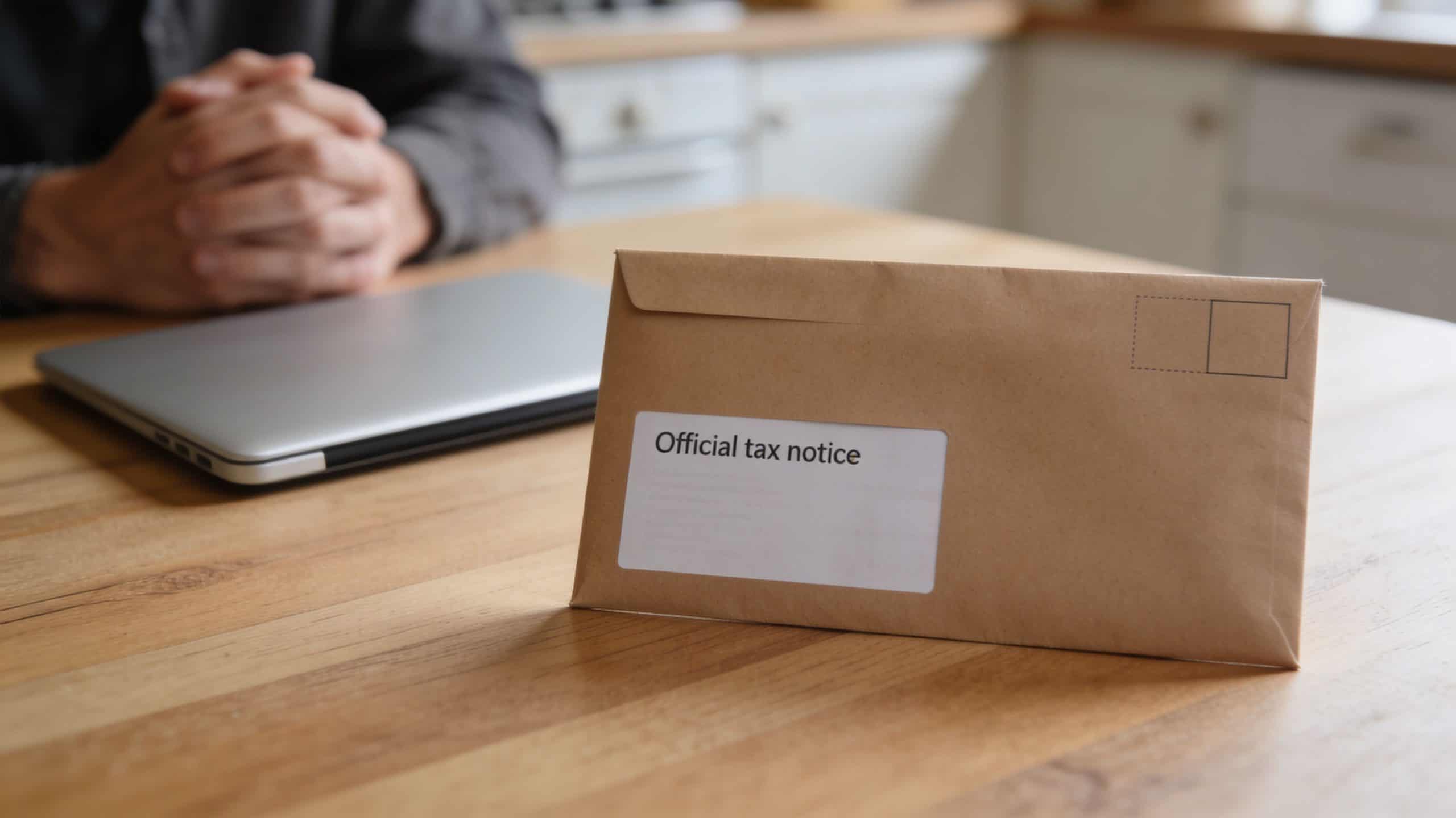 A person sits at a wooden desk with a laptop next to an official tax notice envelope.