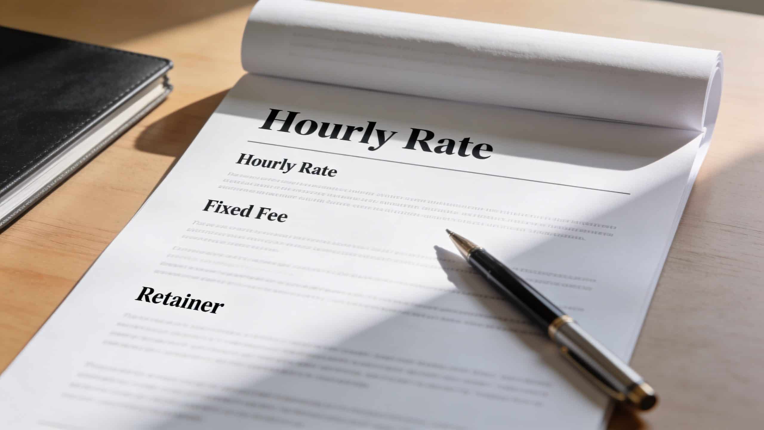 A document titled Hourly Rate with sections for fixed fees and retainers lying on a wooden desk.