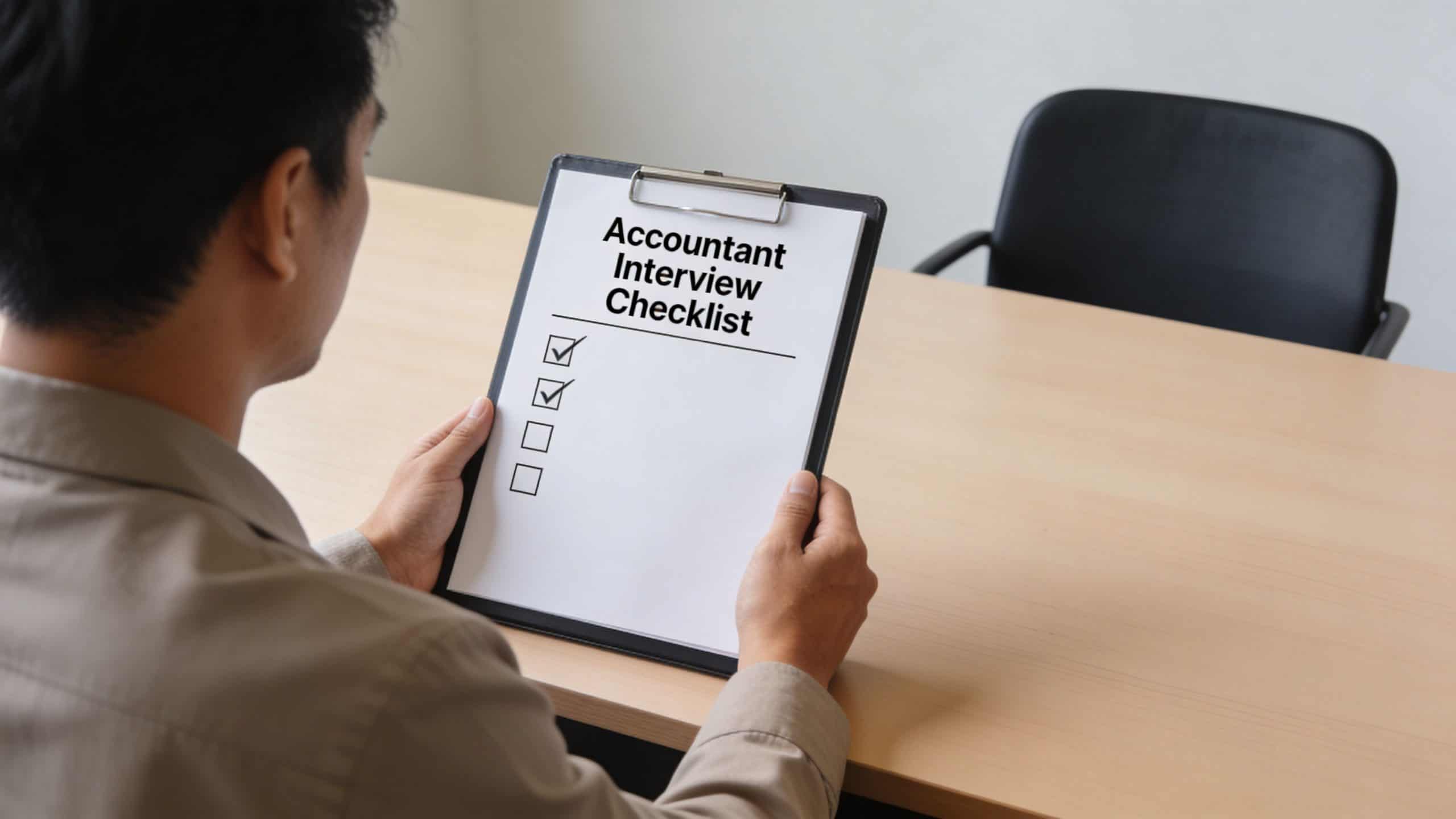 A person holding a clipboard with an Accountant Interview Checklist during a professional job interview session.