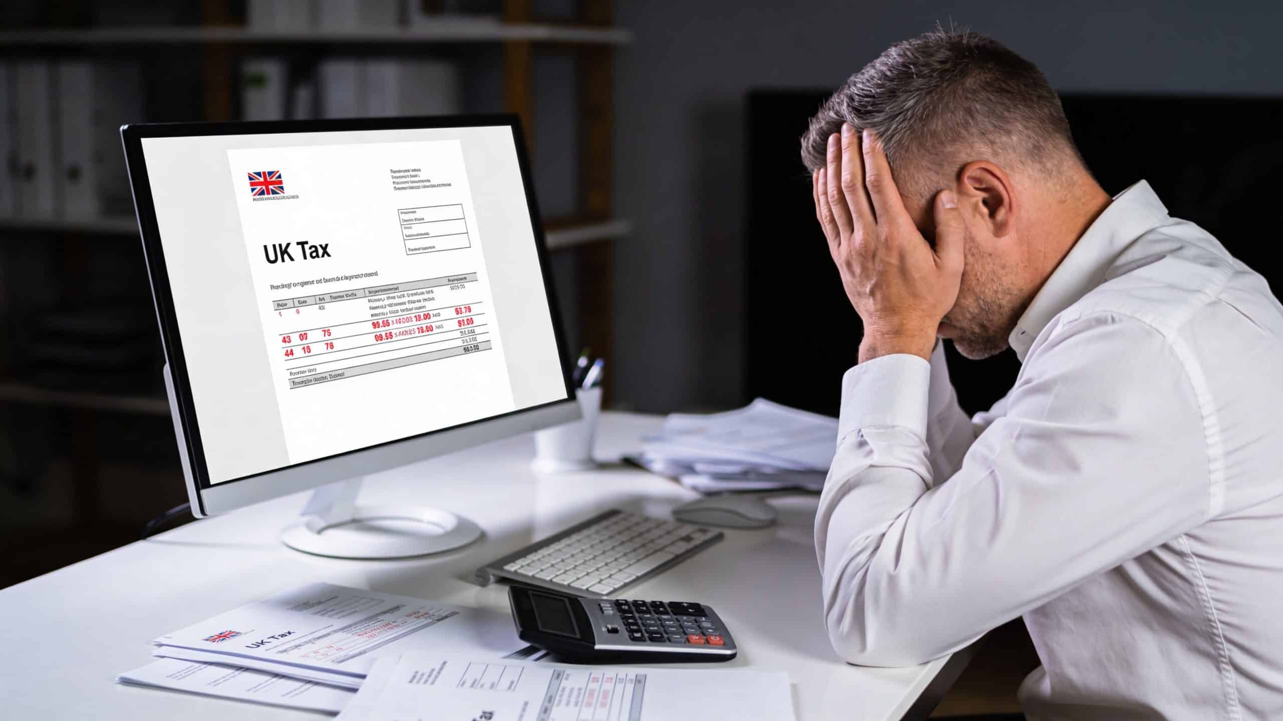 A stressed man sitting at a desk with his head in his hands looking at UK tax forms.