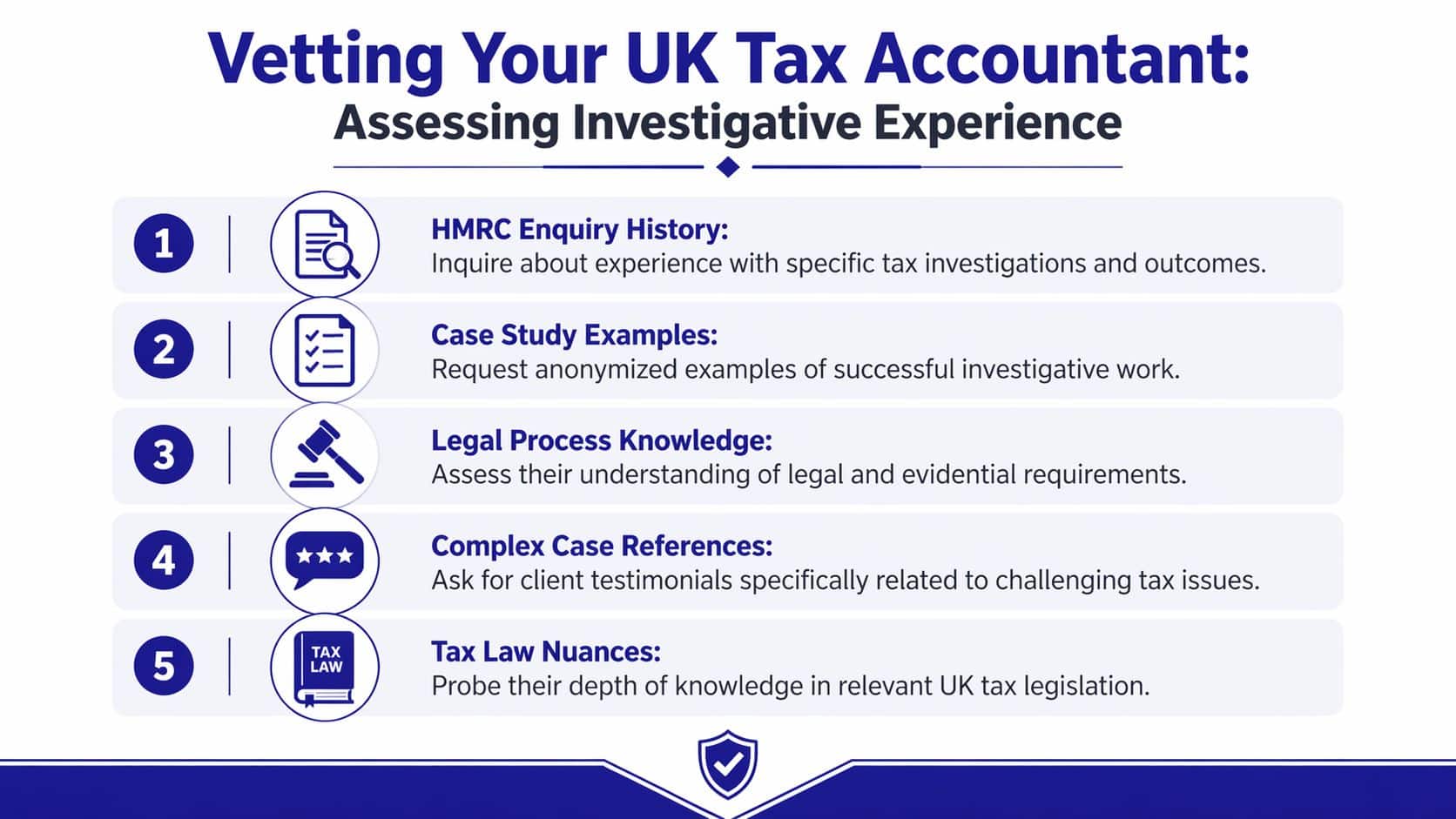 A list of five essential tips for vetting a UK tax accountant regarding their investigative experience.