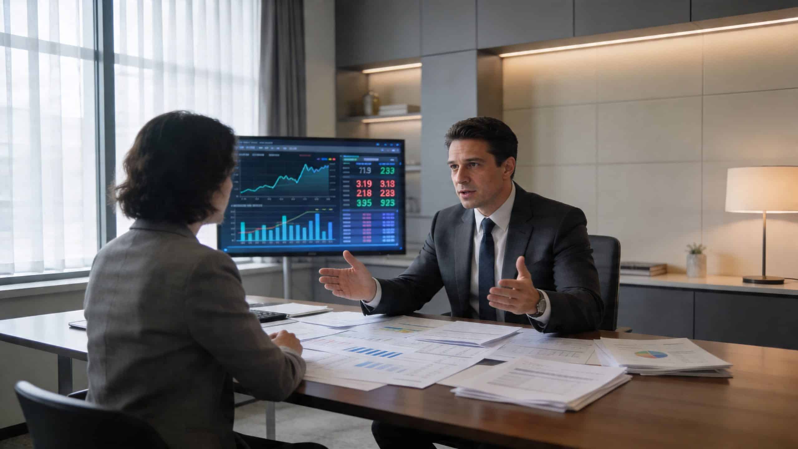 A professional financial advisor discusses investment data and documents with a client in a modern office setting.