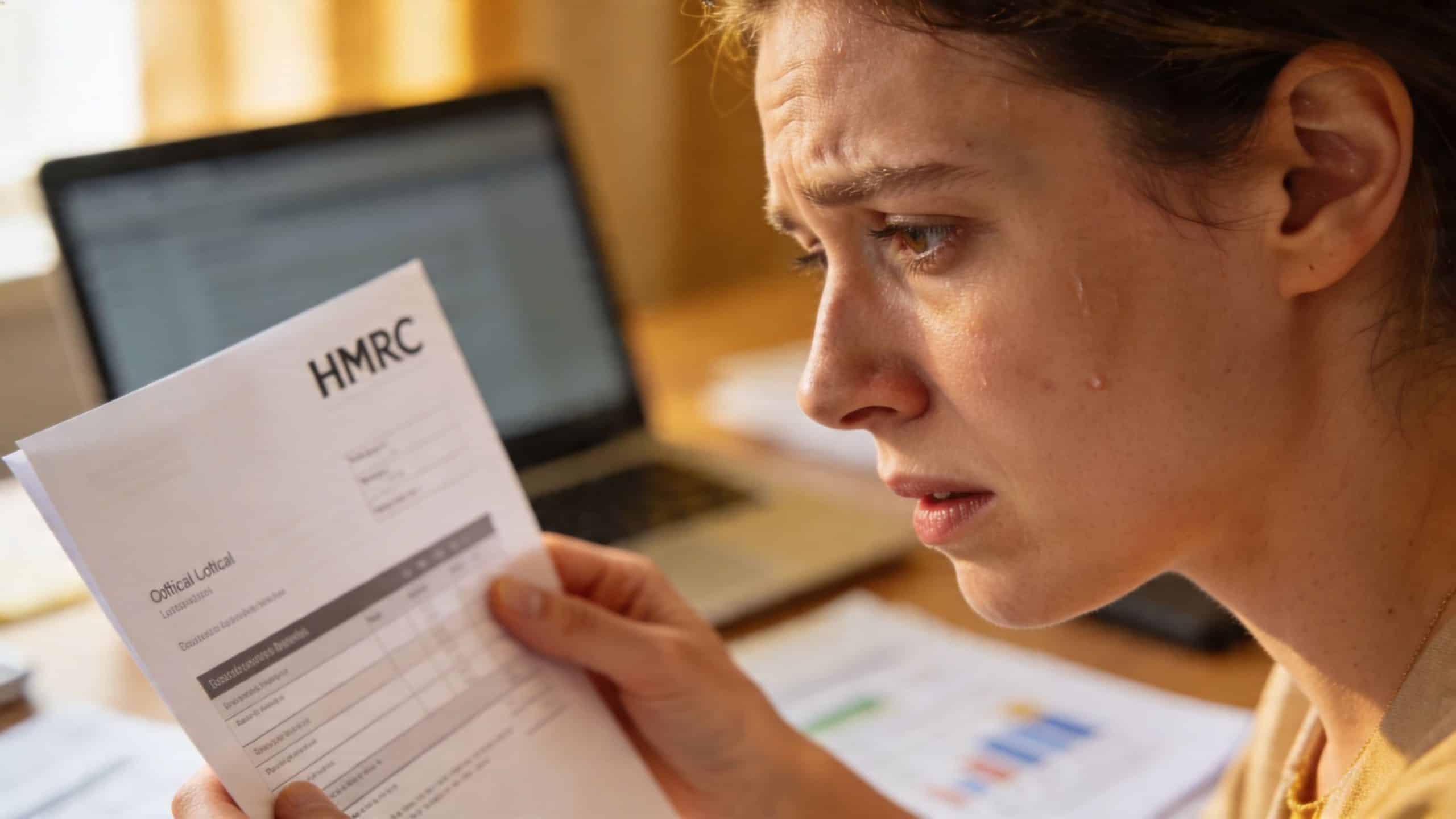 A distressed woman looking at a tax document from HMRC with worry and tears in her eyes.
