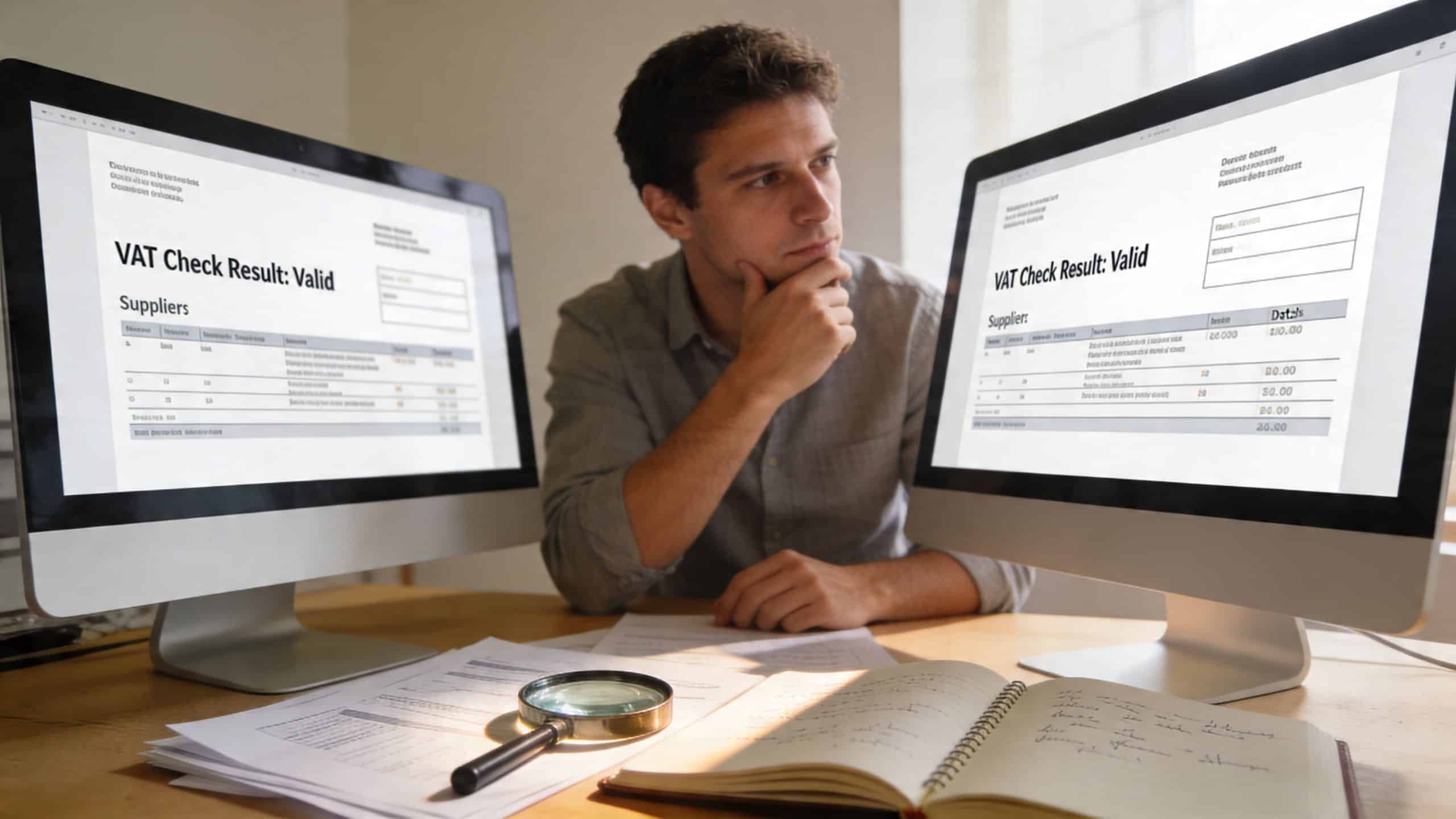 A focused professional sitting at a desk checking VAT validation results on two computer monitors.