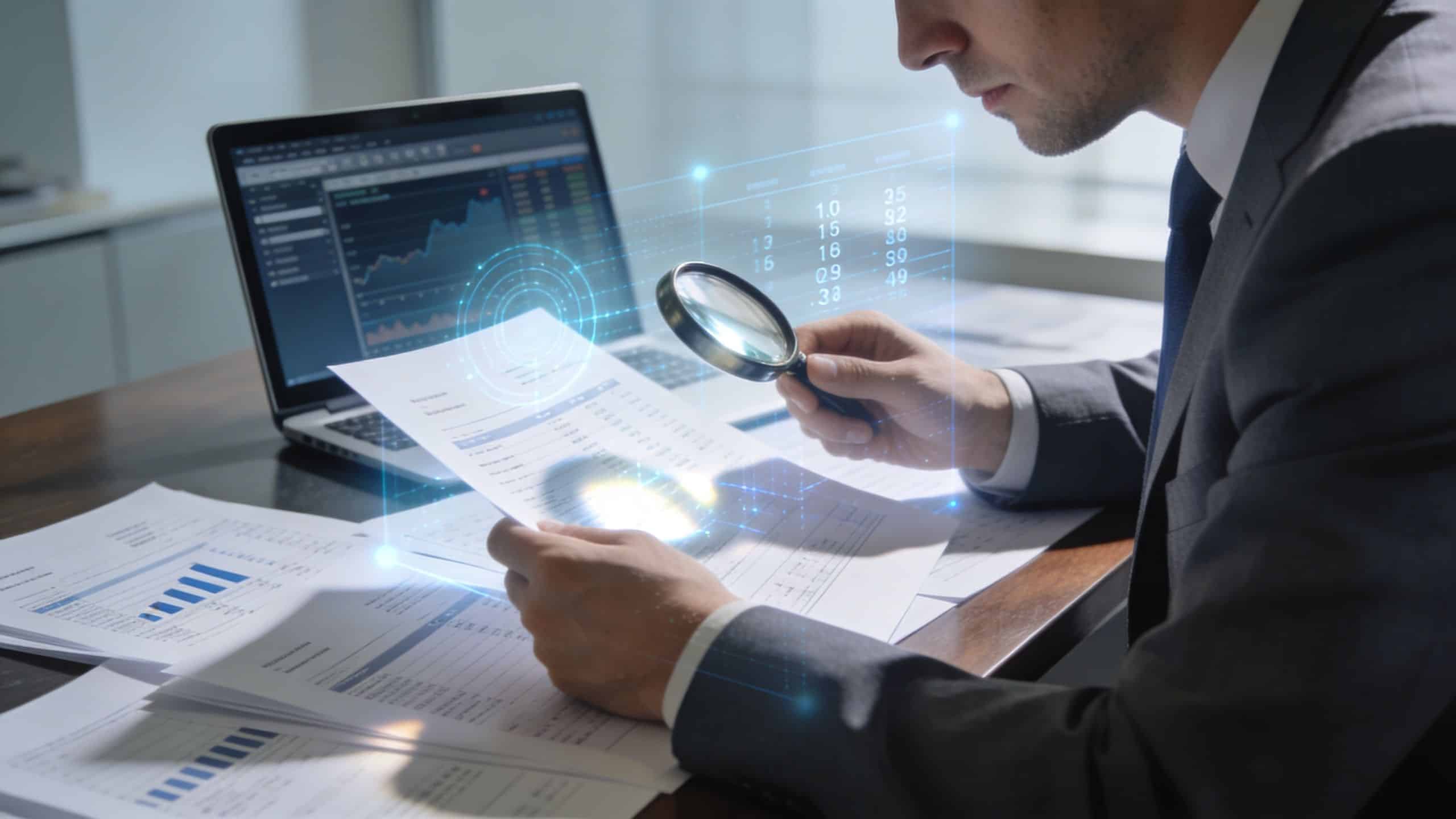 A professional financial analyst scrutinizing business reports and financial charts with a magnifying glass in an office.