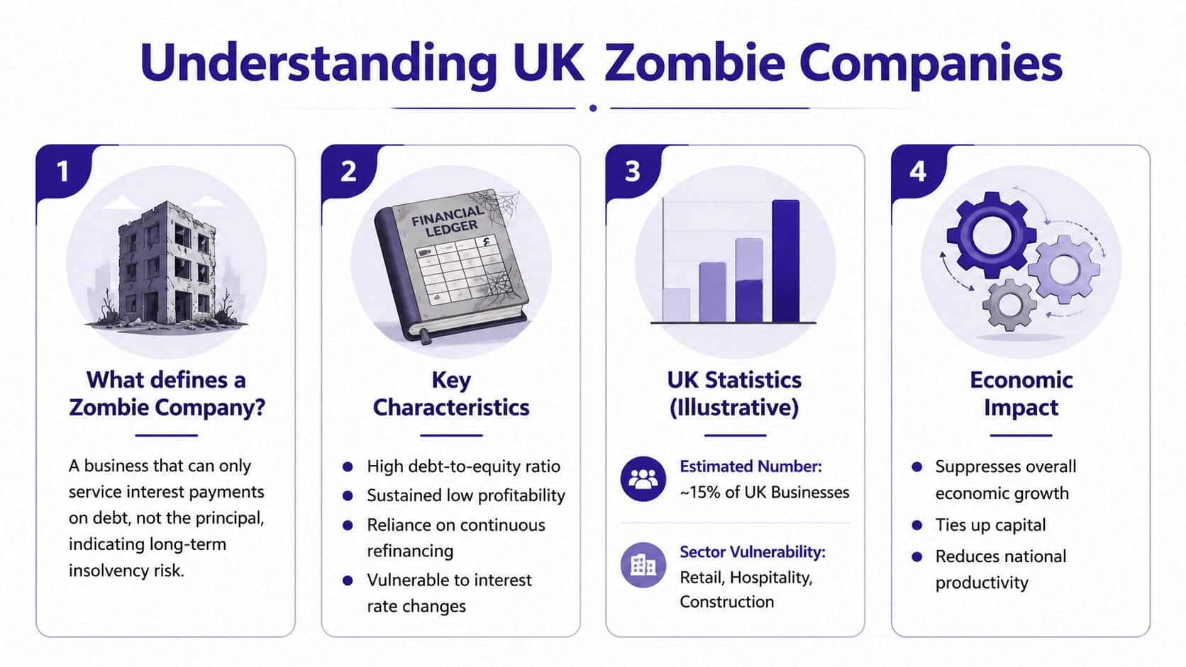 An infographic titled Understanding UK Zombie Companies, illustrating business insolvency risks, financial characteristics, and negative economic impacts.