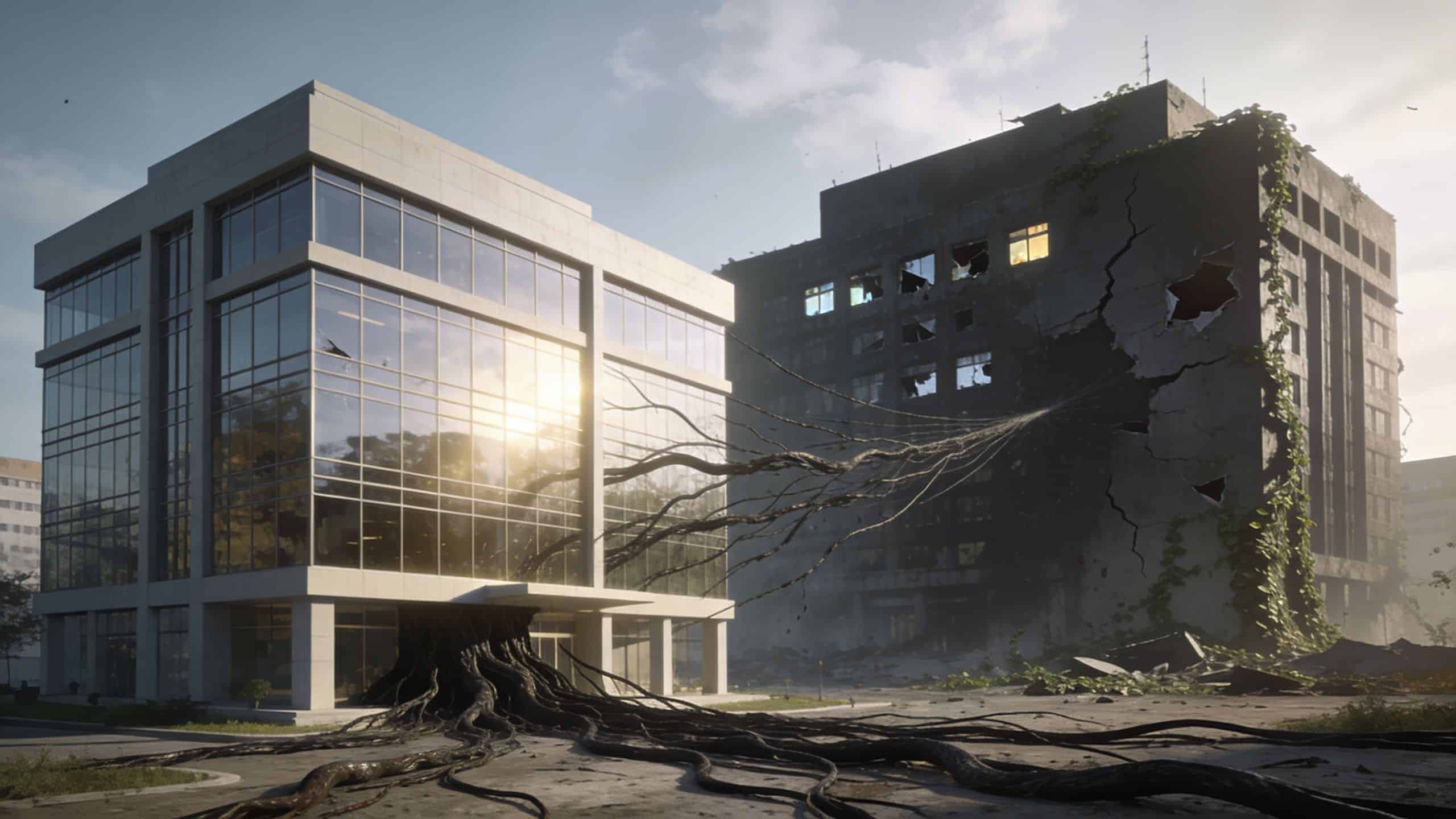 A modern glass office building connected by dark, gnarled roots to a ruined, crumbling neighboring building.