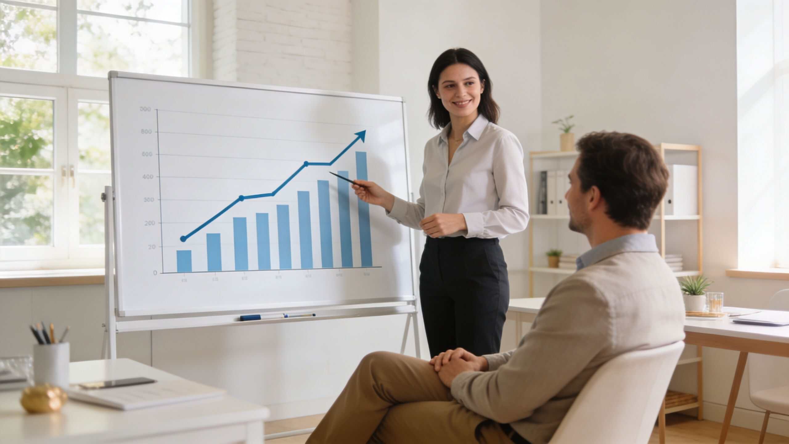 A professional woman presenting business growth data on a whiteboard to a male colleague in an office.