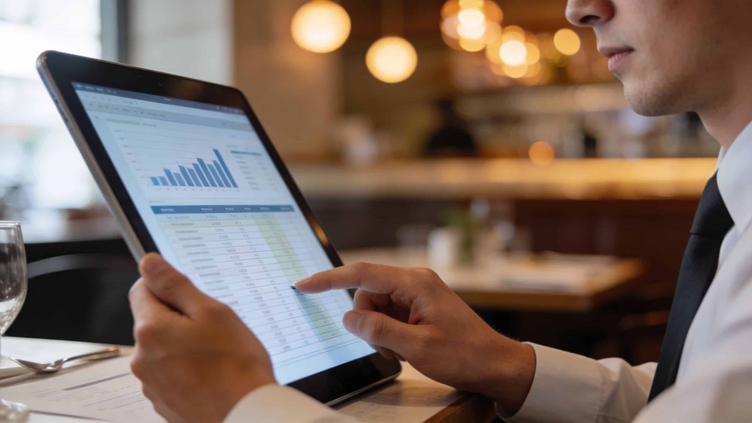 A professional man in a dress shirt and tie reviewing business data on a tablet computer.