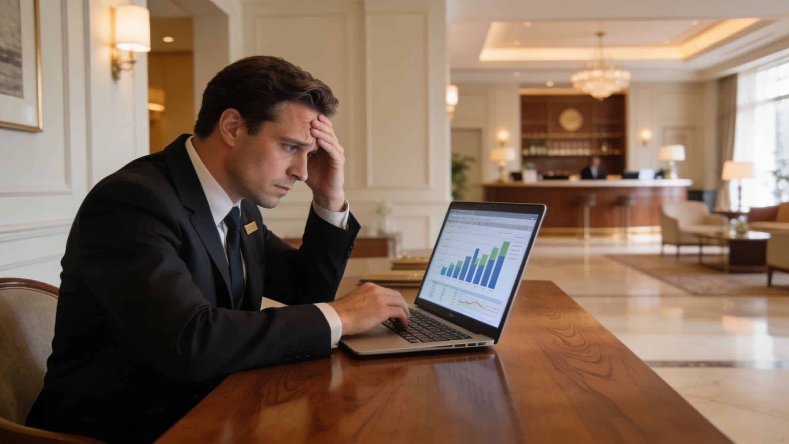A concerned hotel manager sits at a desk analyzing financial business charts on his laptop in a lobby.