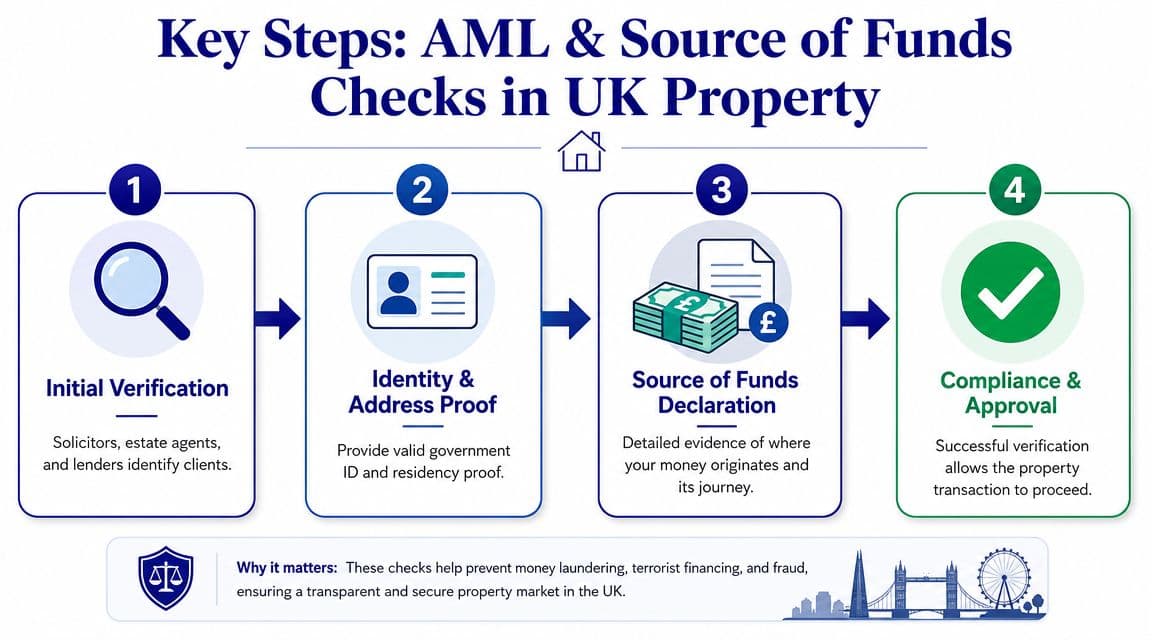A four-step infographic illustrating the anti-money laundering and source of funds verification process for UK property transactions.