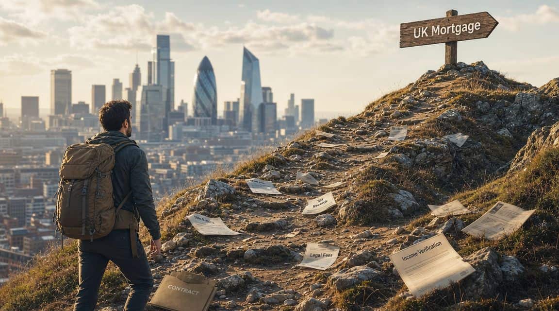 A hiker looking at a path covered in documents leading toward a UK mortgage sign above a city.