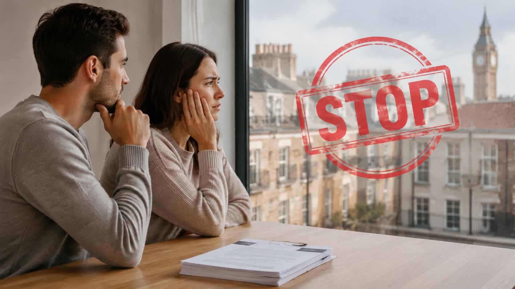 A concerned couple sitting at a desk looking out of a window at the London skyline.