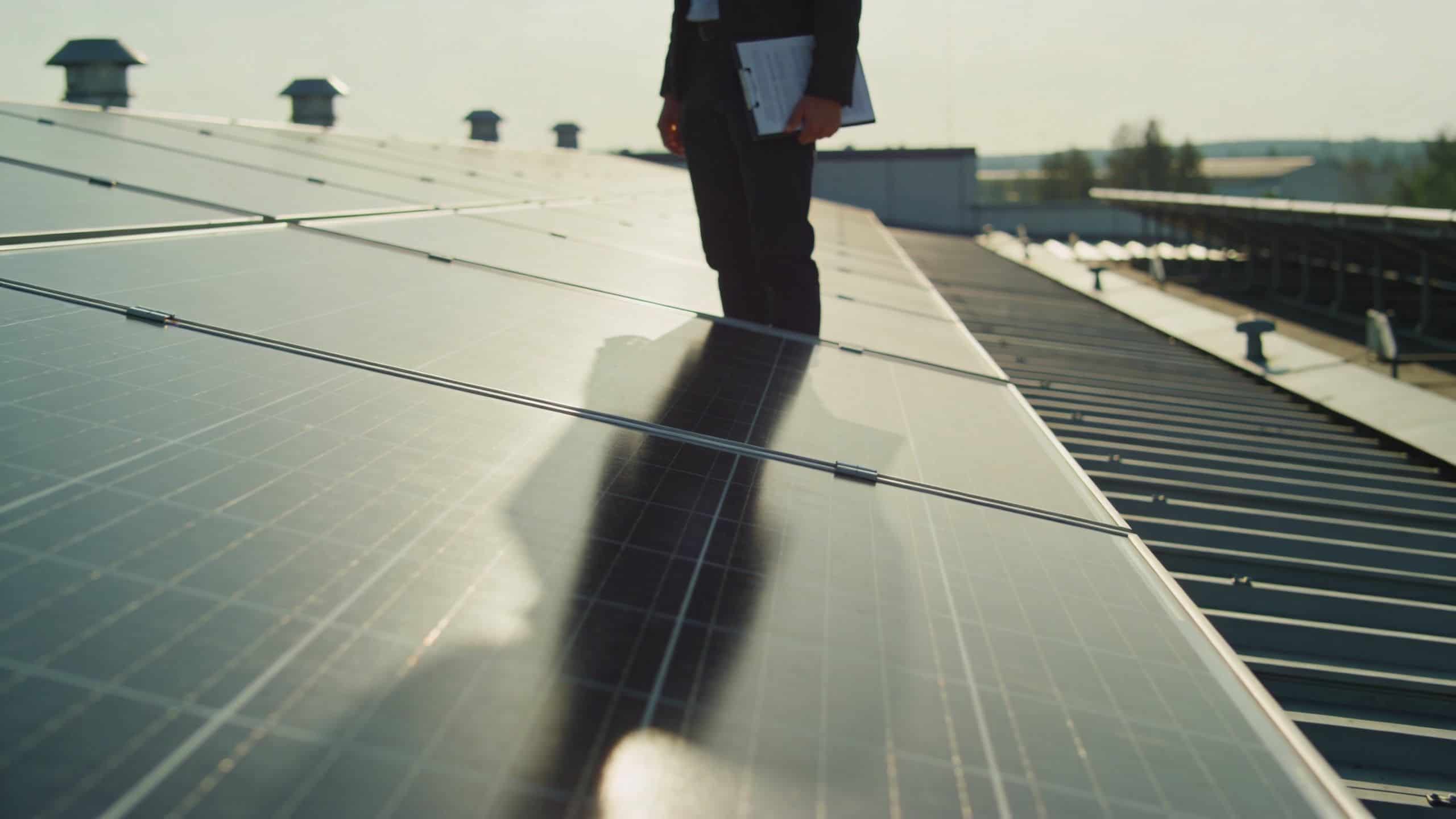 A professional inspector in a suit holding a clipboard stands on a commercial roof with solar panels.