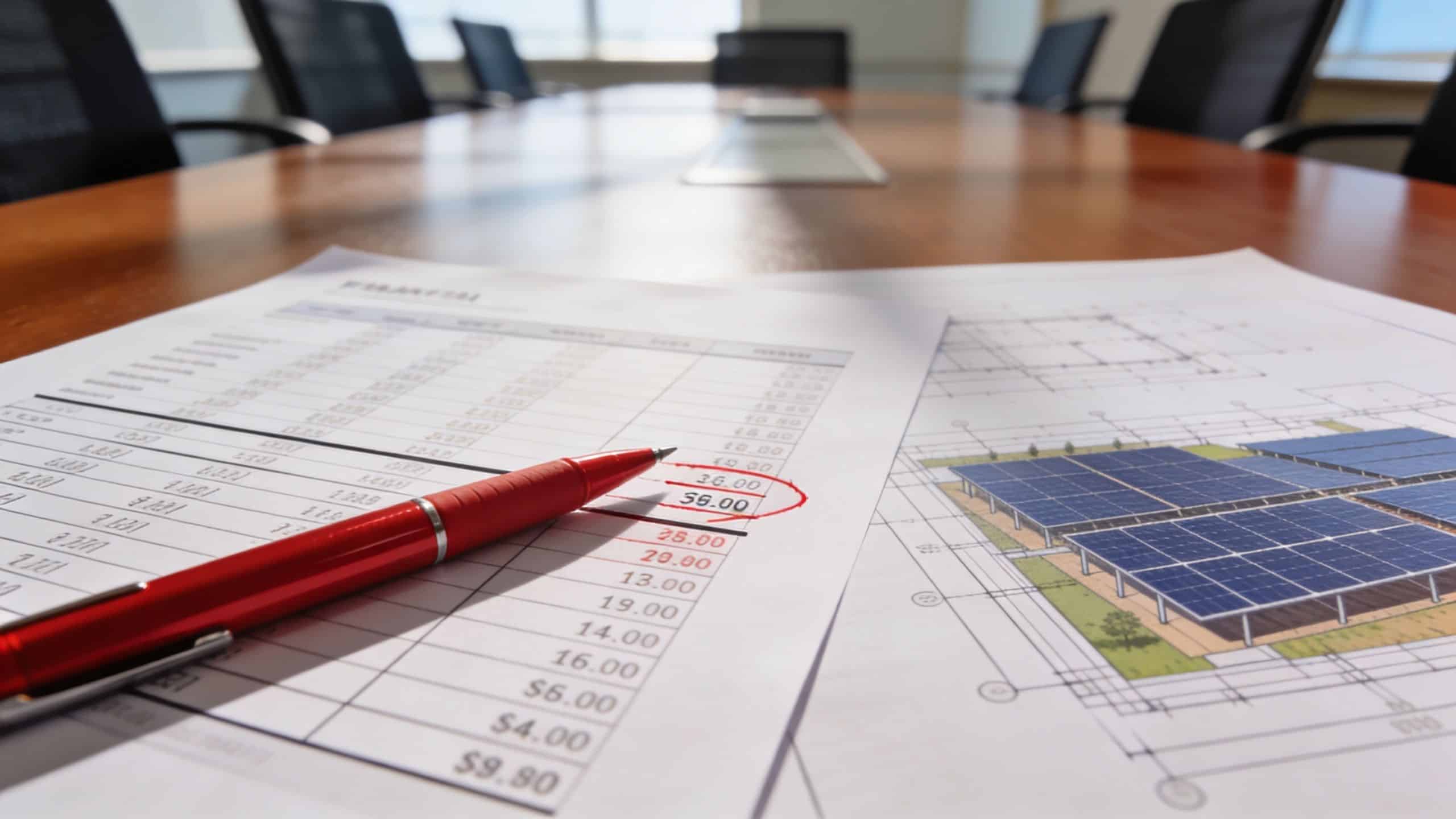 A red pen on financial documents with solar panel project blueprints on a boardroom conference table.