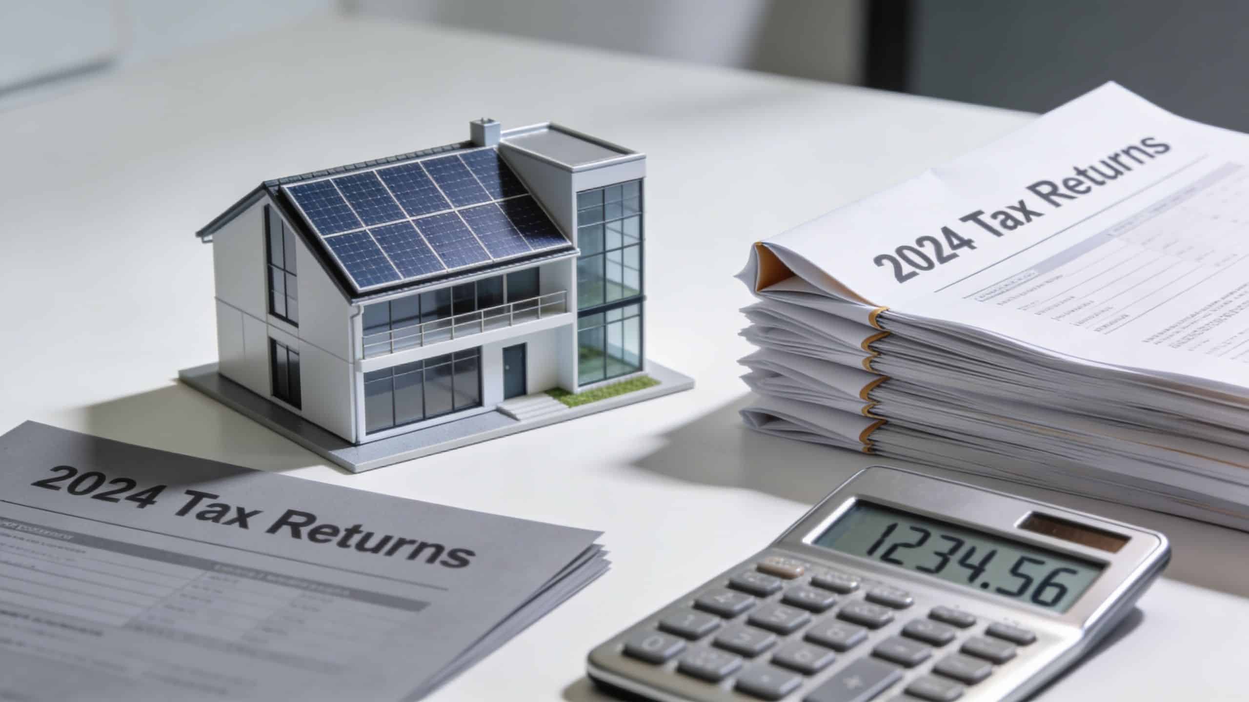 A house model with solar panels next to tax return documents and a calculator on a desk.