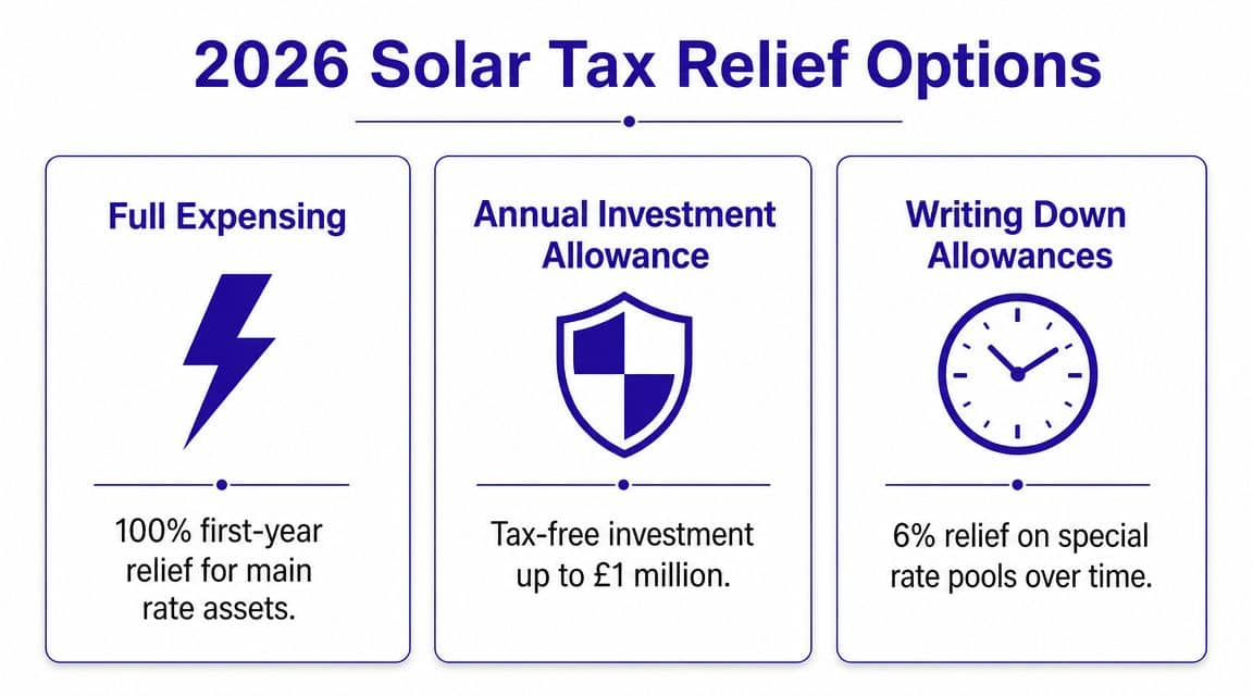 A graphic showing three 2026 tax relief options for solar investment, including full expensing, annual investment allowance, and writing down allowances.
