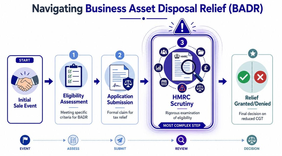 A flow chart illustrating the five-step process for claiming Business Asset Disposal Relief for tax purposes.