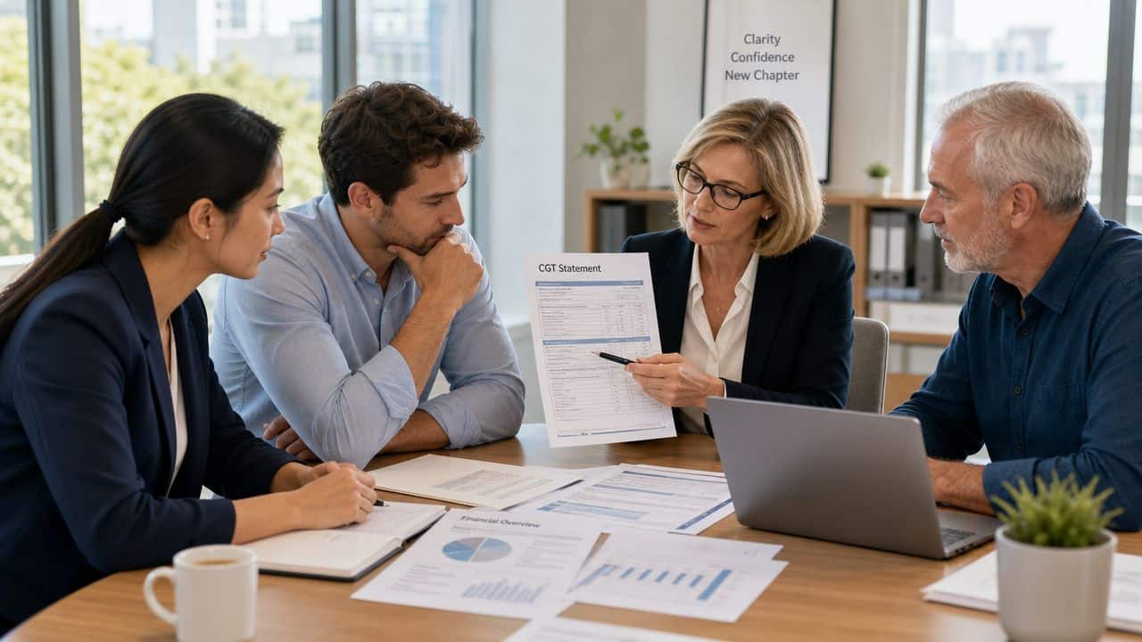 Financial advisor explaining a capital gains tax statement to a couple in a professional office setting.