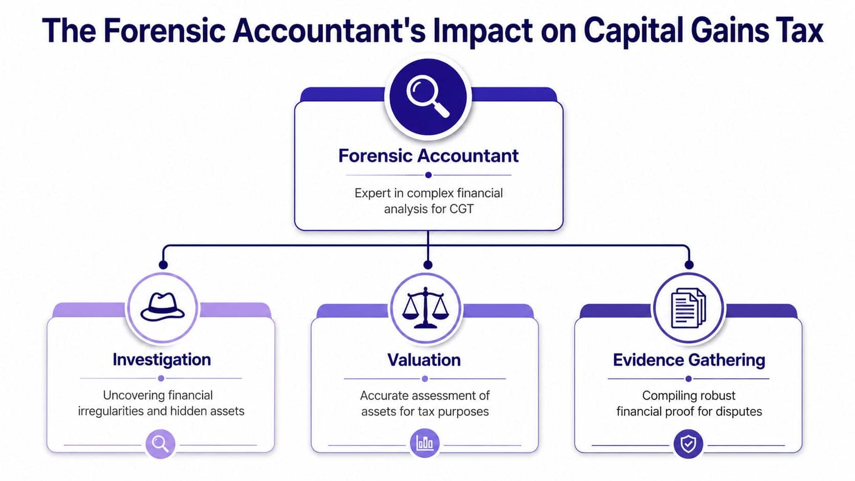 An infographic showing the three main functions of a forensic accountant regarding capital gains tax assessments.