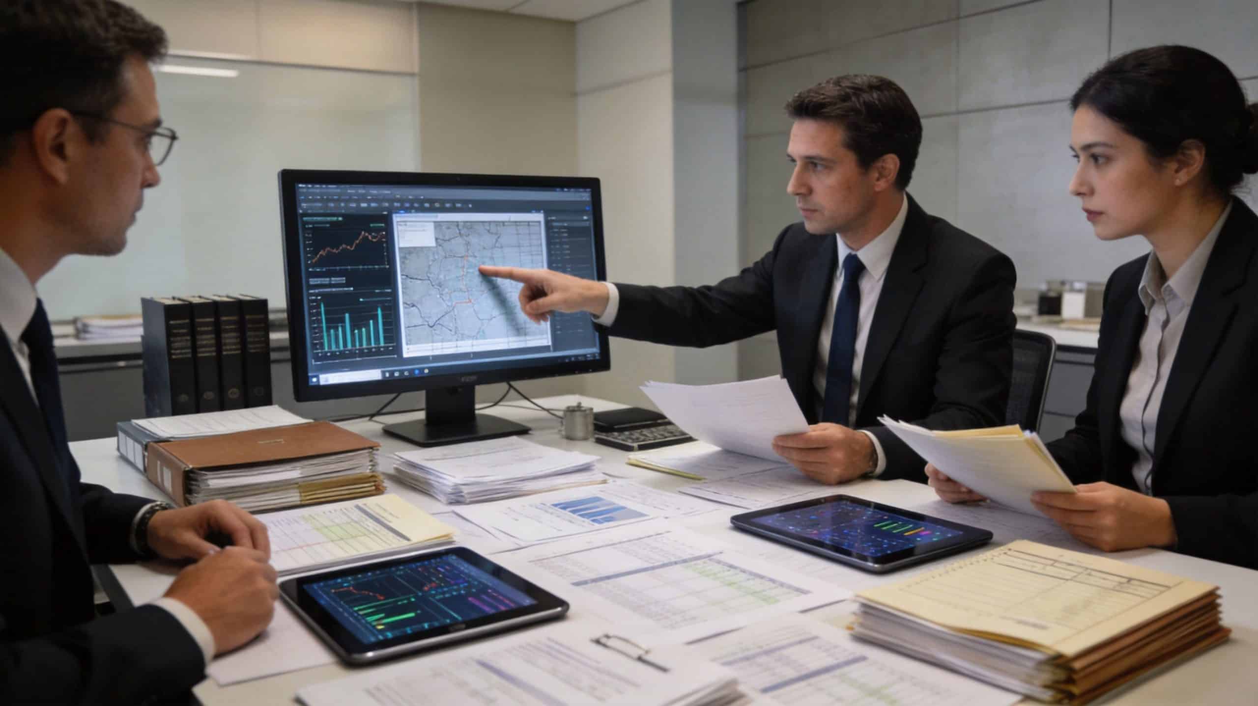 Three professionals in business suits analyzing data, maps, and financial charts during a collaborative boardroom meeting.