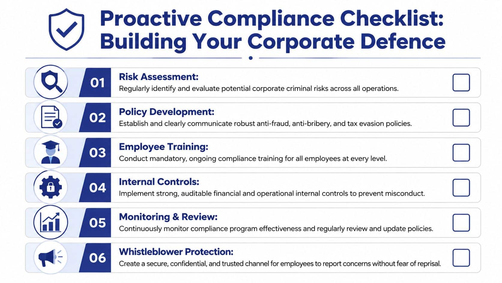 A six-step checklist for building a proactive corporate defense against potential criminal offenses and compliance risks.