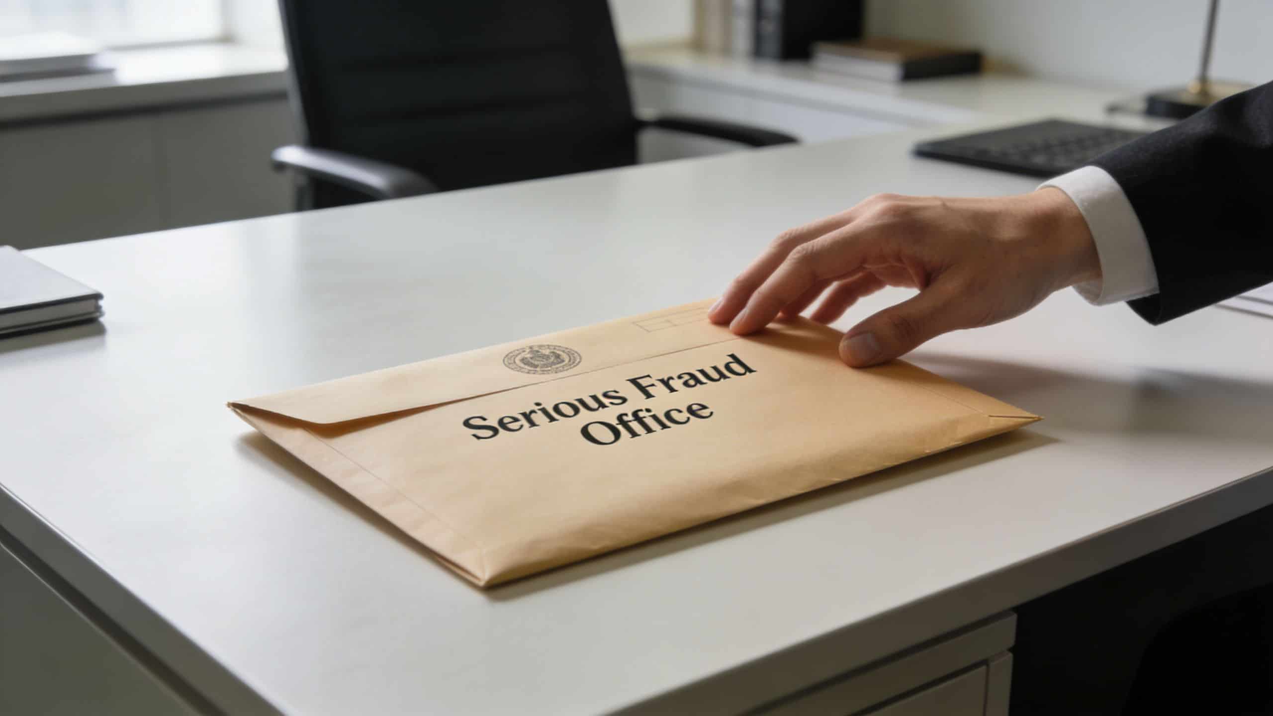 A hand placing a beige envelope labeled Serious Fraud Office on a clean office desk.