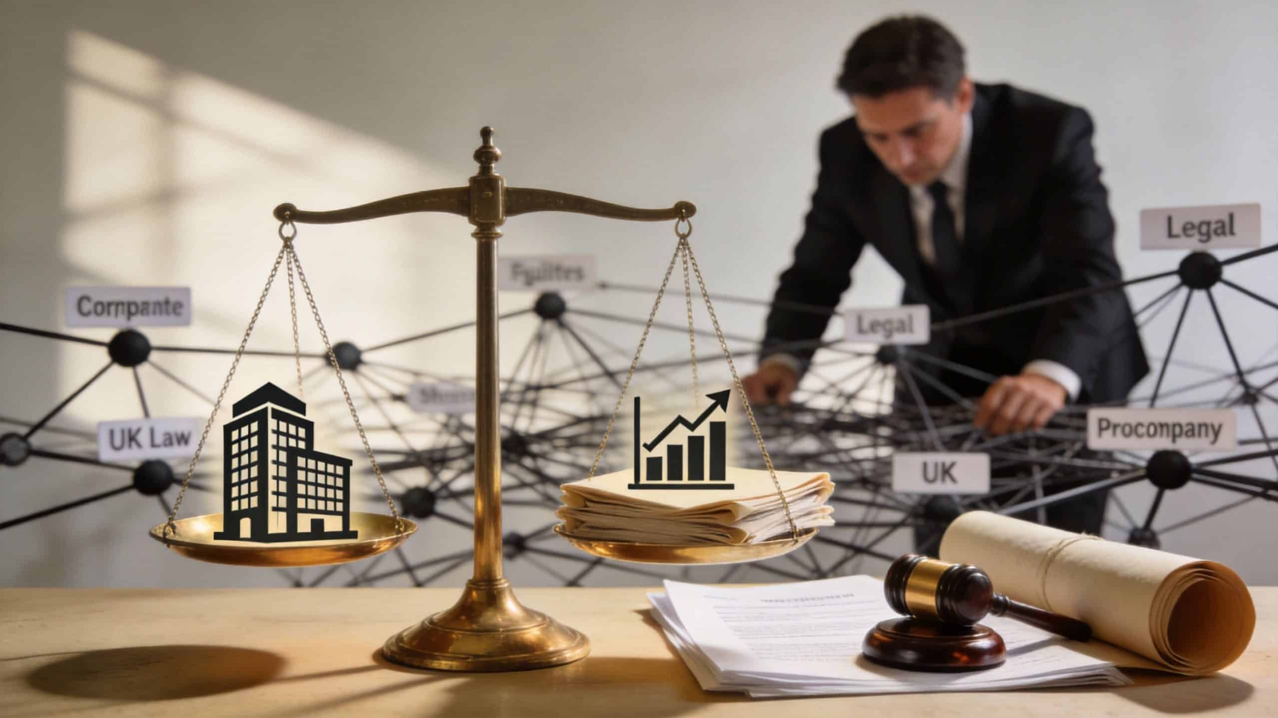 A courtroom scale balancing a corporate building icon against a rising financial growth chart on a desk.