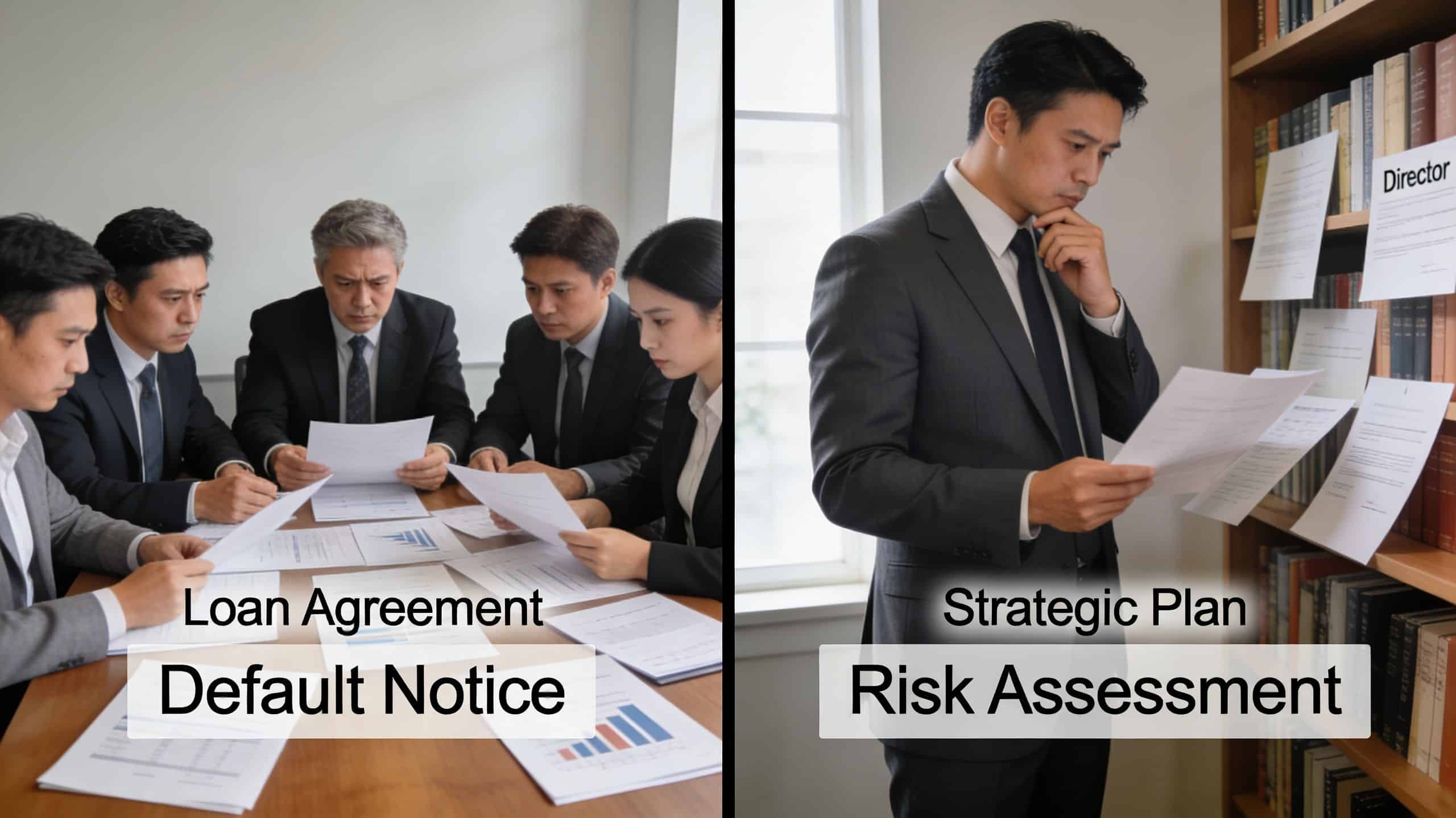 A split image showing a business team reviewing loan documents versus a director analyzing a strategic plan.