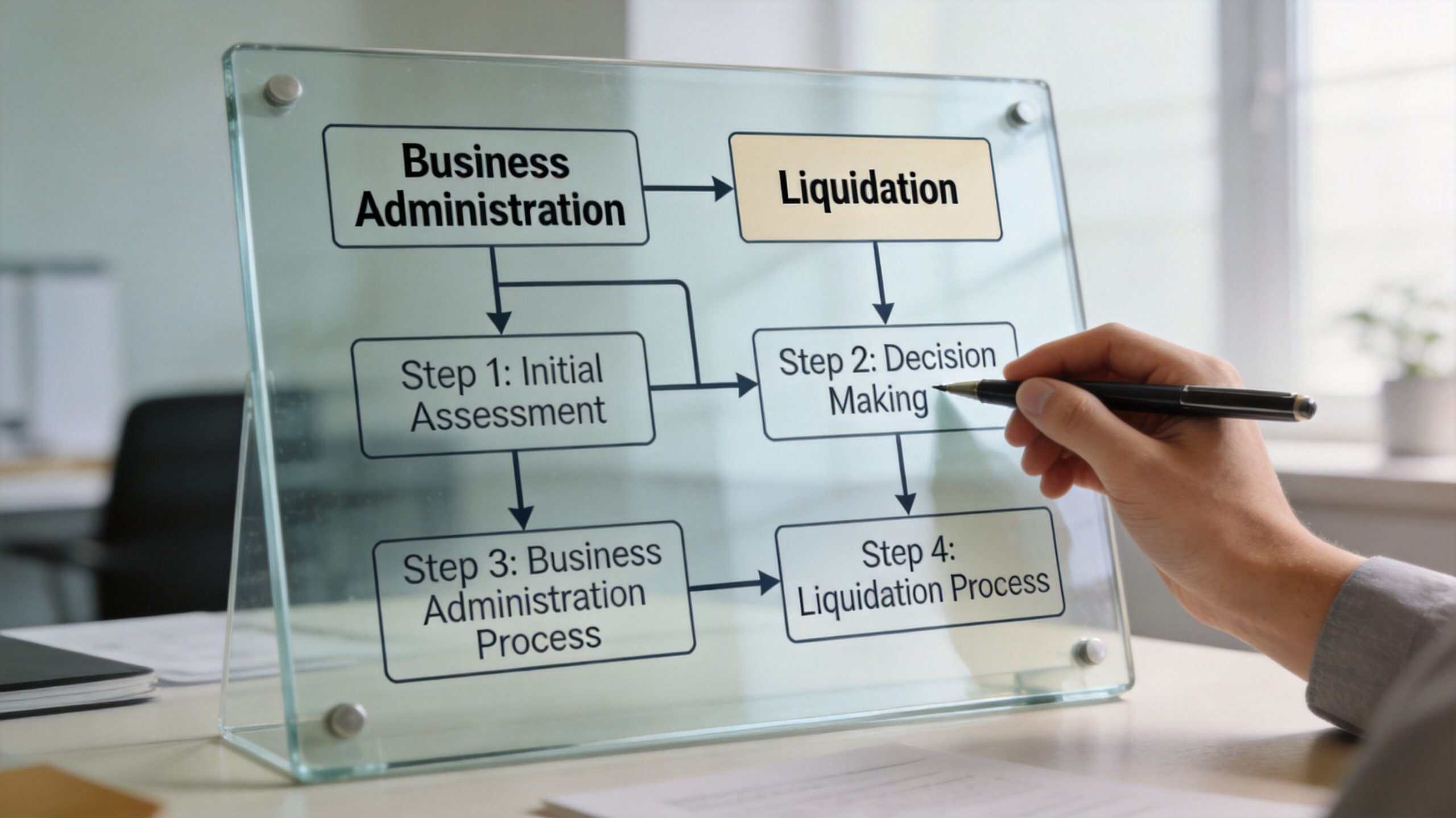 A person using a pen to point at a business flowchart about the liquidation and administration process.