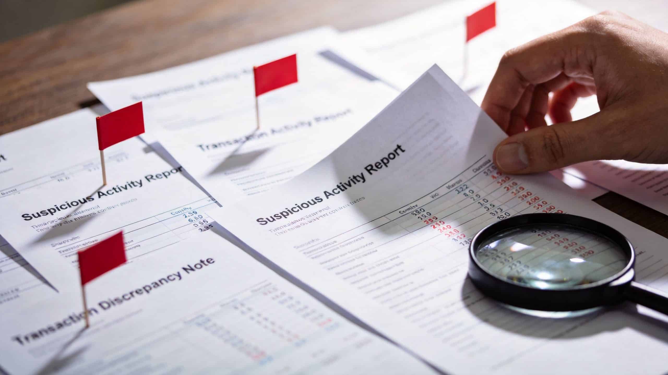 A professional analyzing a Suspicious Activity Report document with a magnifying glass on a wooden table.