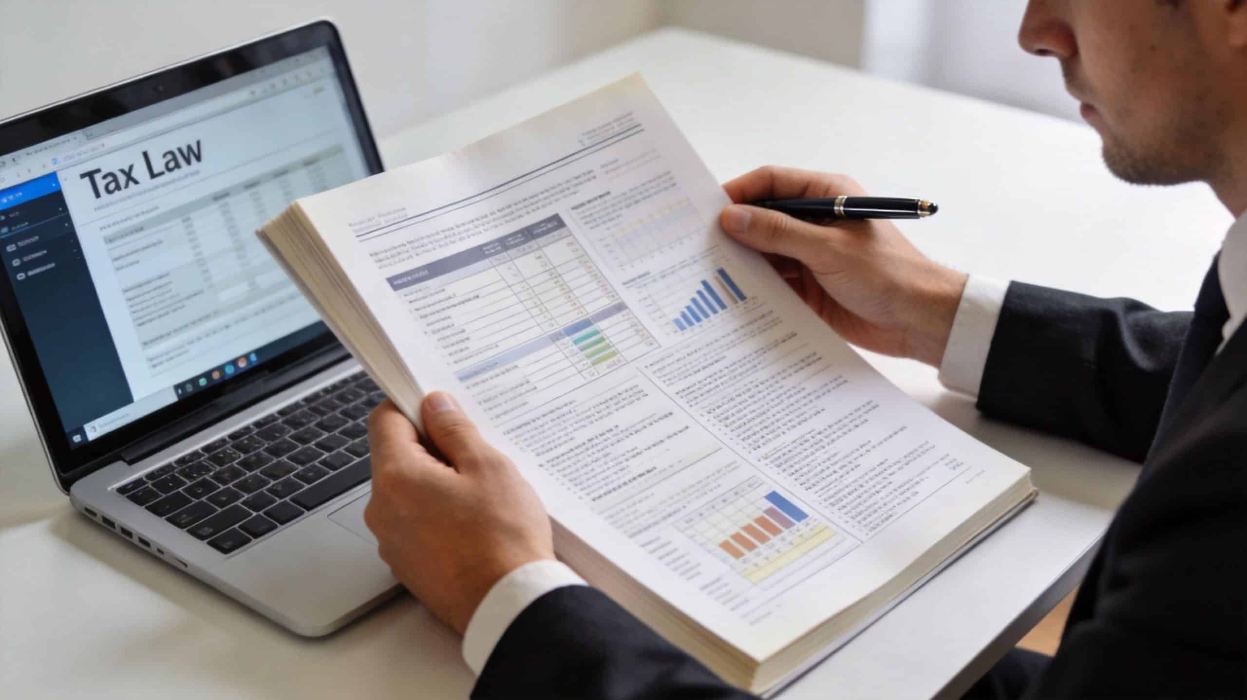 A professional in a suit reviewing detailed financial documents and tax law data on a laptop.