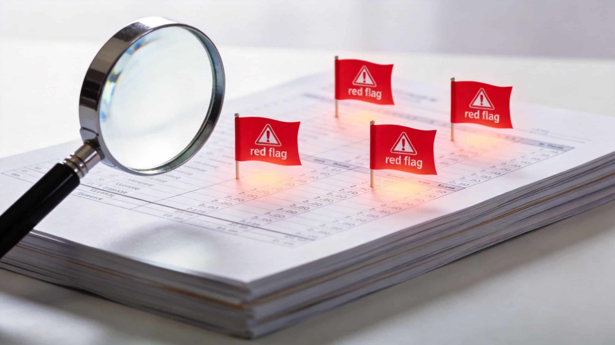 A magnifying glass inspecting a financial document with red warning flags indicating potential tax issues.