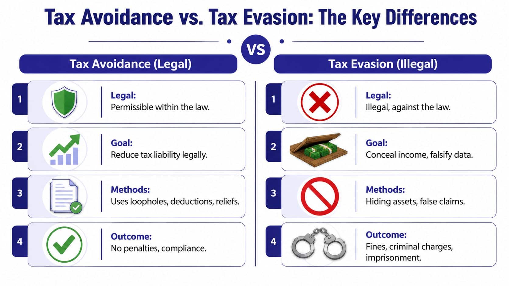 A comparison chart outlining the key differences between legal tax avoidance and illegal tax evasion practices.