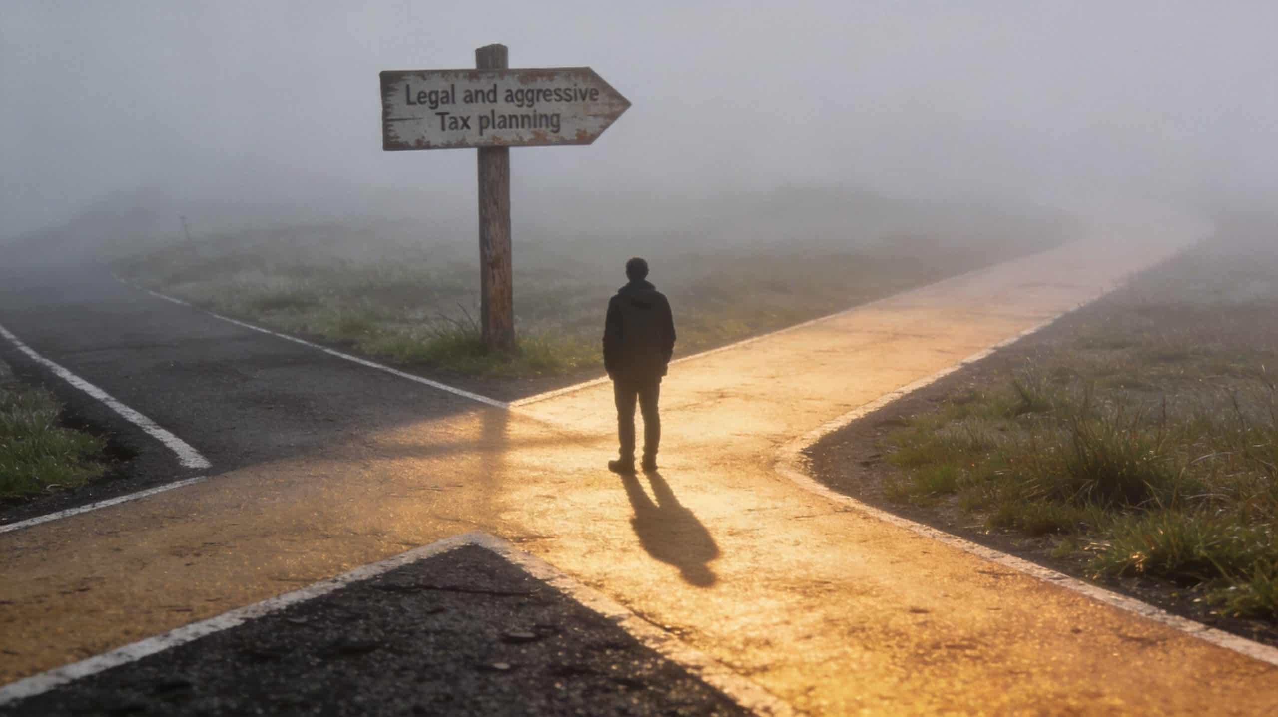 A person standing at a fork in a foggy road under a sign labeled tax planning.