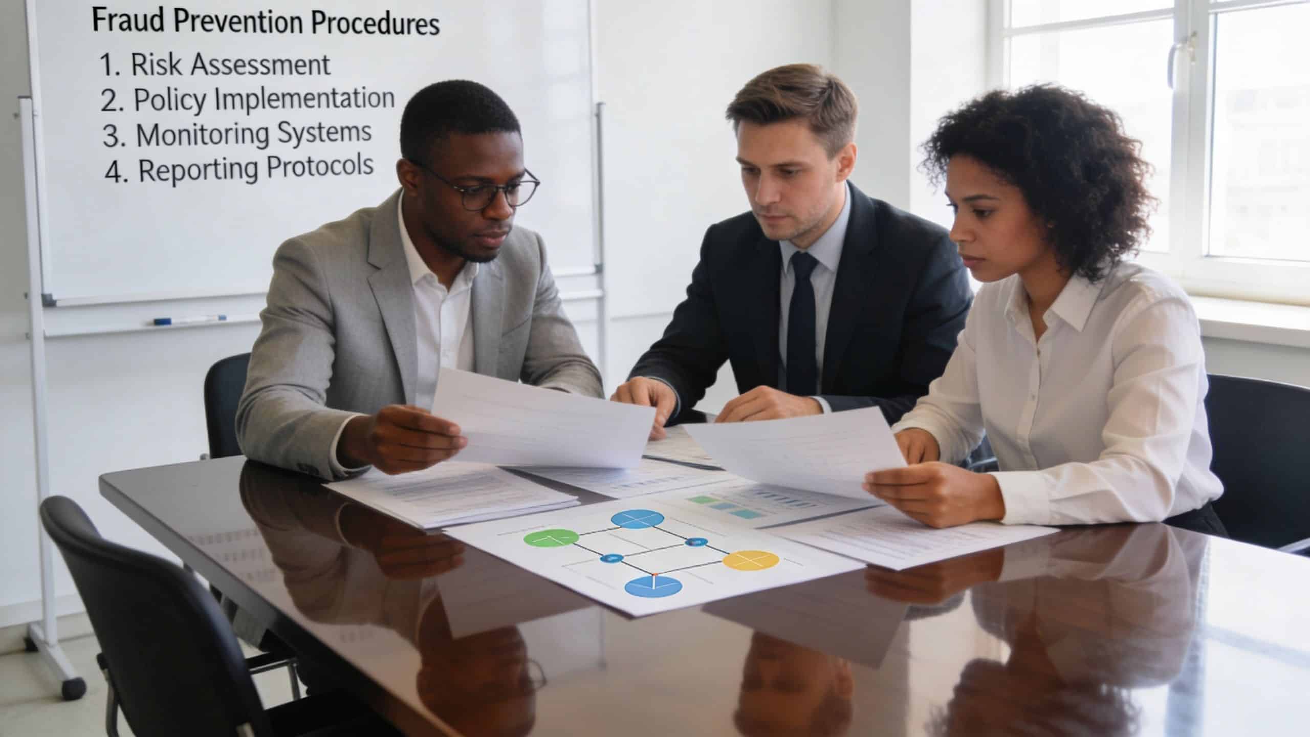 A diverse group of professionals reviewing financial documents during a formal business meeting about fraud prevention.
