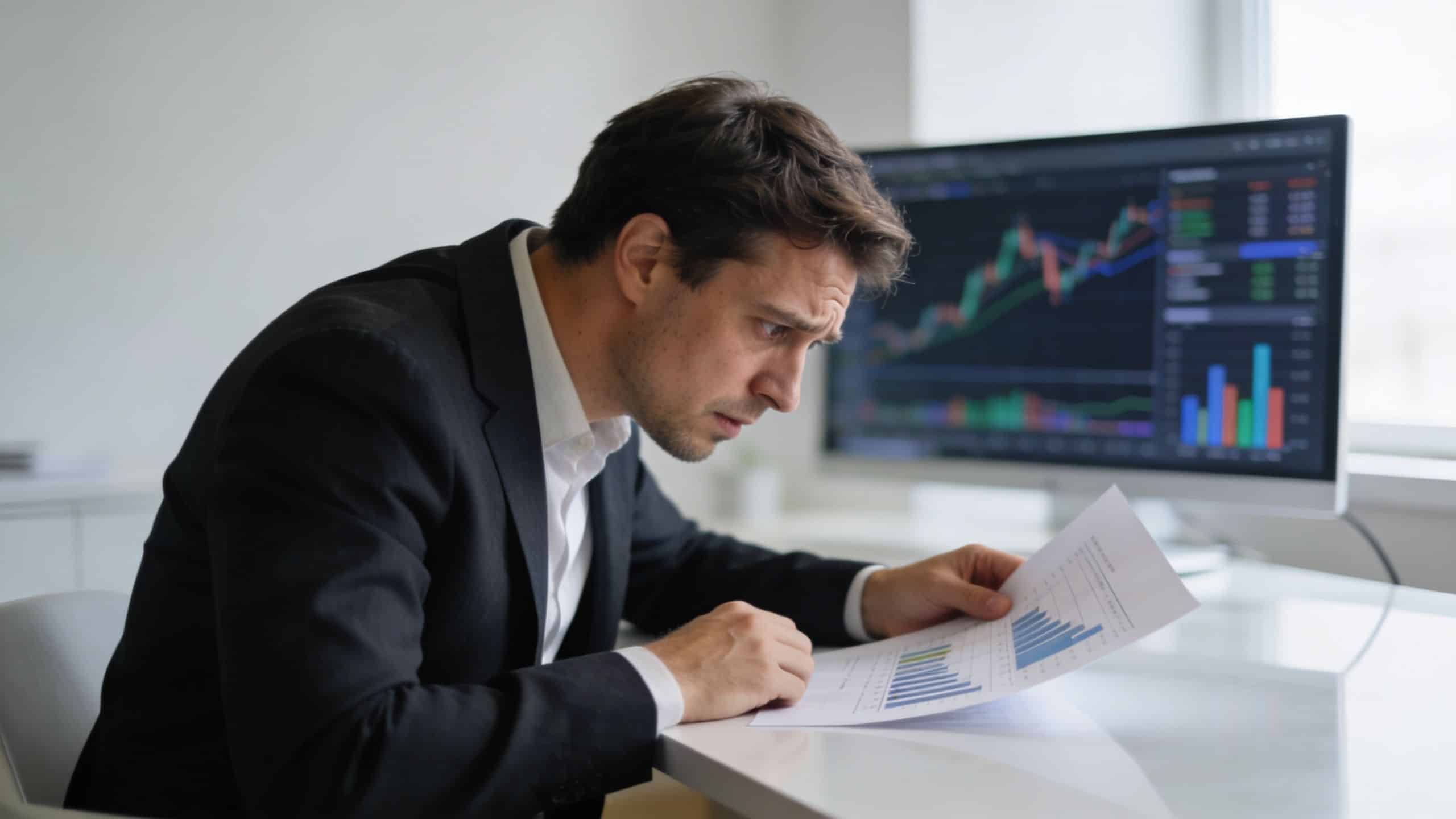A worried businessman in a suit intently analyzes financial reports and stock market charts at his desk.